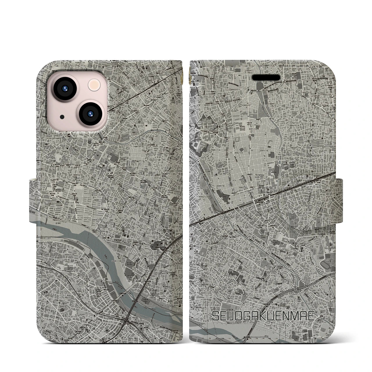 【成城学園前(東京都)】地図柄iPhoneケース(手帳タイプ)モノトーン・iPhone 13 mini 用