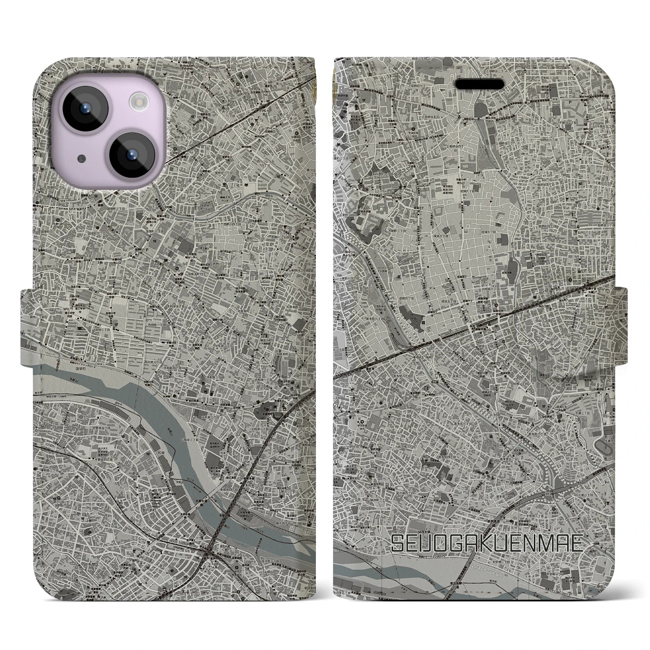 【成城学園前(東京都)】地図柄iPhoneケース(手帳タイプ)モノトーン・iPhone 14 用