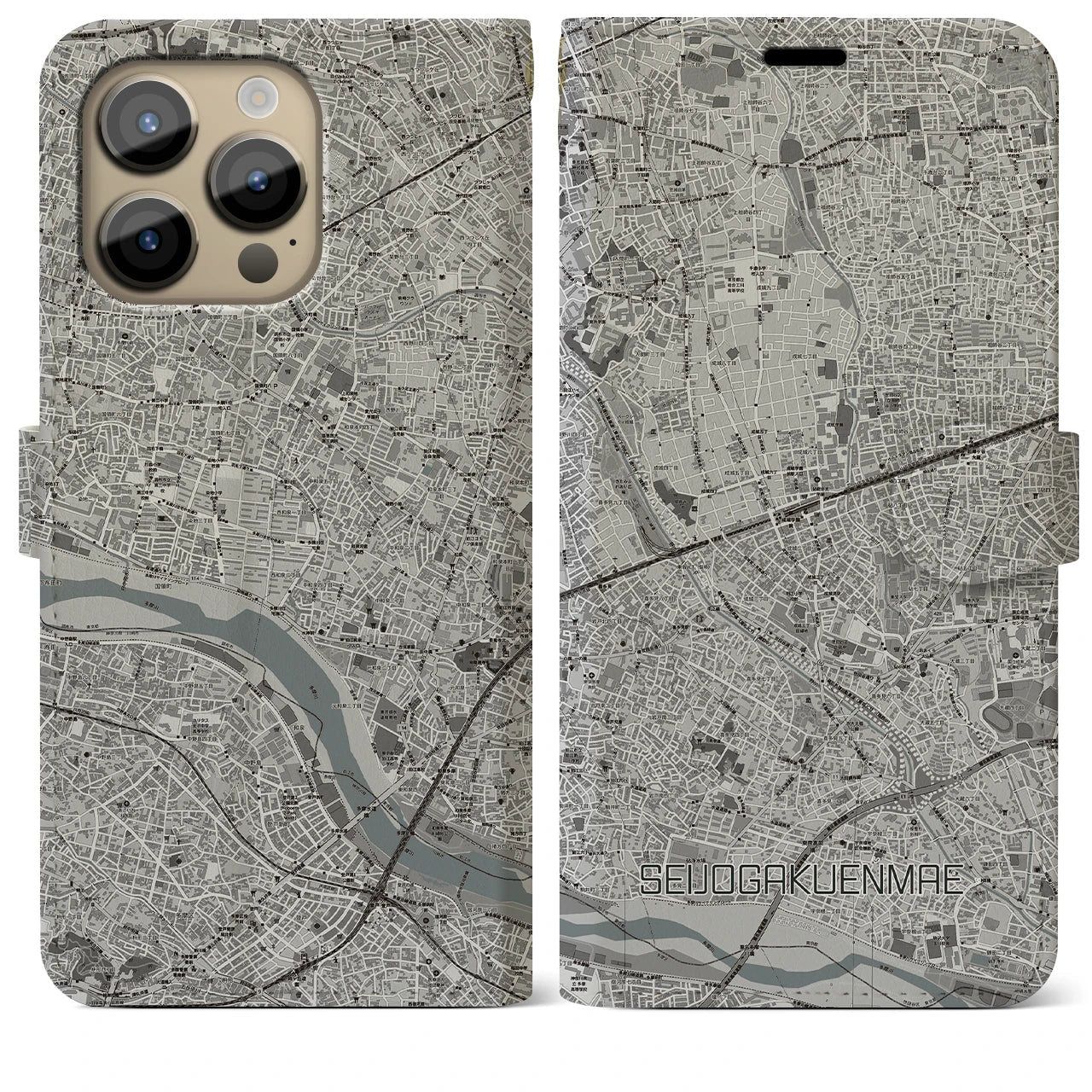 【成城学園前(東京都)】地図柄iPhoneケース(手帳タイプ)モノトーン・iPhone 14 Pro Max 用