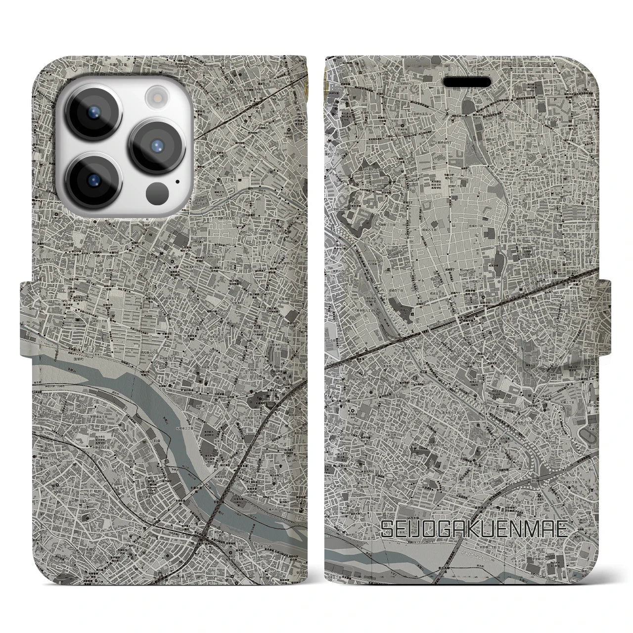 【成城学園前(東京都)】地図柄iPhoneケース(手帳タイプ)モノトーン・iPhone 14 Pro 用