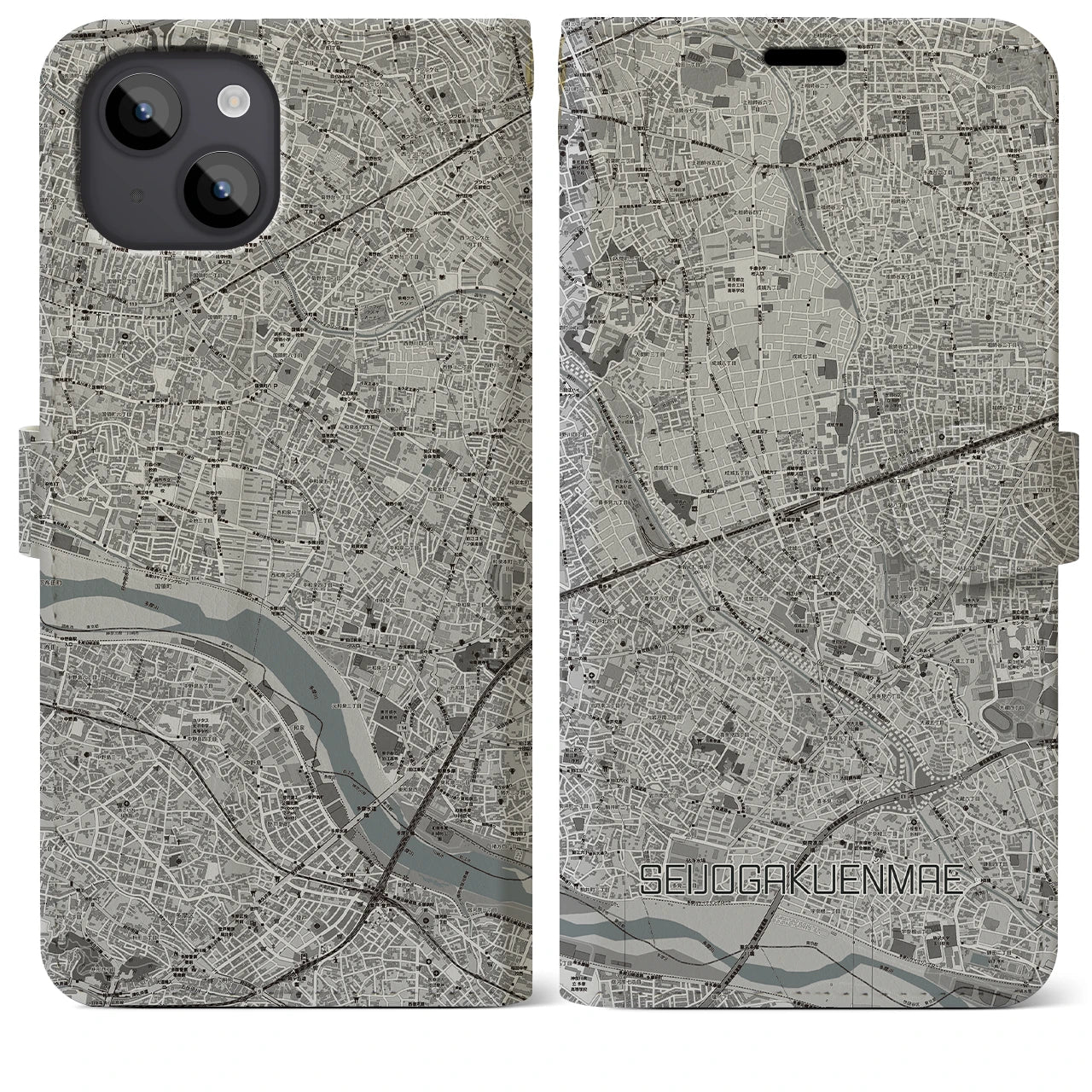 【成城学園前(東京都)】地図柄iPhoneケース(手帳タイプ)モノトーン・iPhone 14 Plus 用