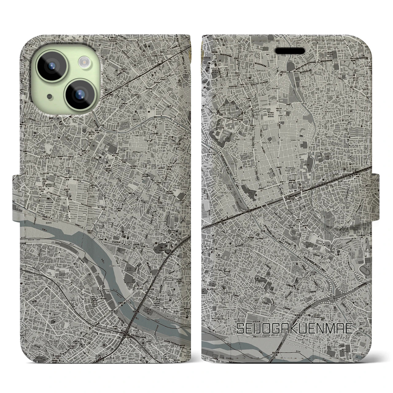 【成城学園前(東京都)】地図柄iPhoneケース(手帳タイプ)モノトーン・iPhone 15 用