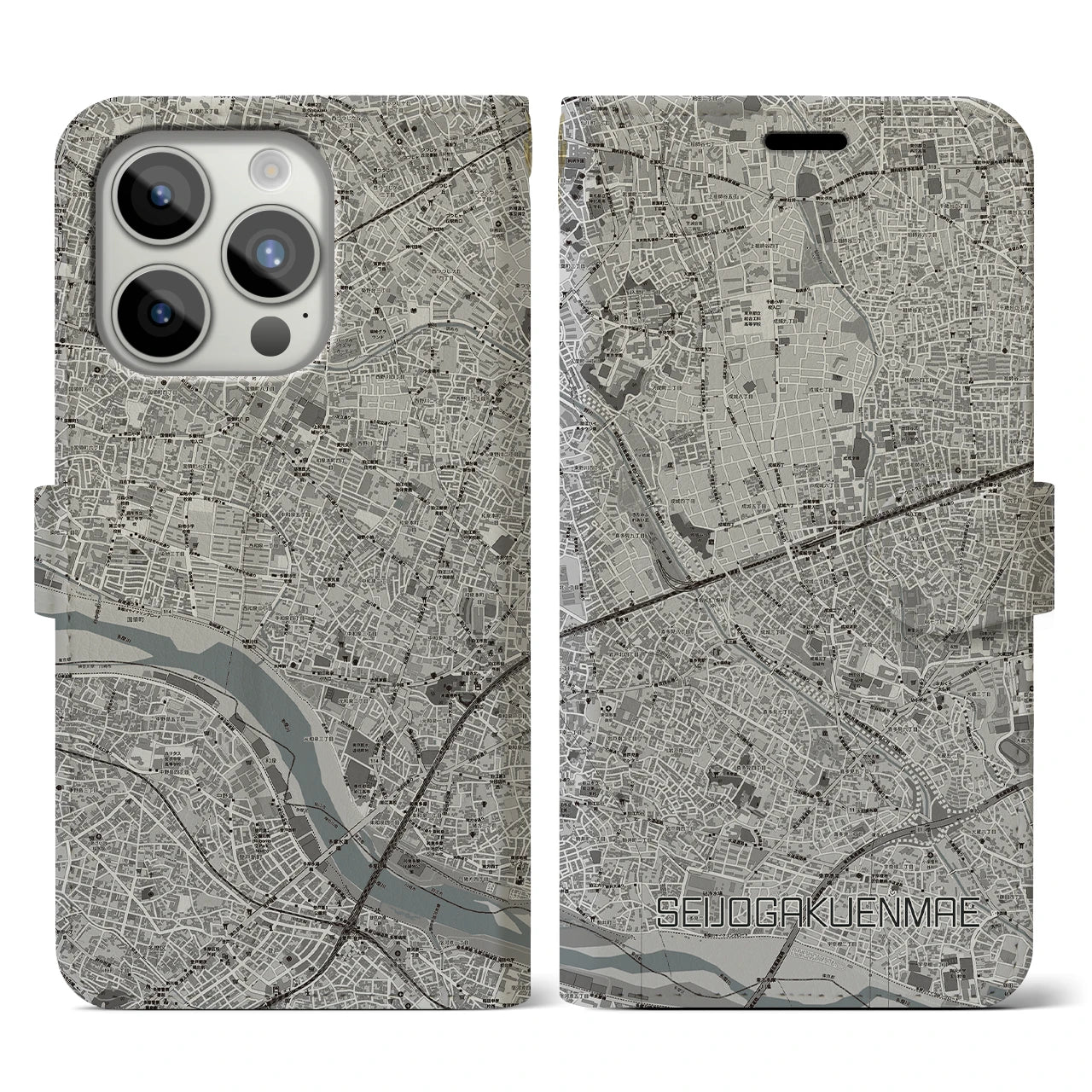 【成城学園前(東京都)】地図柄iPhoneケース(手帳タイプ)モノトーン・iPhone 15 Pro 用