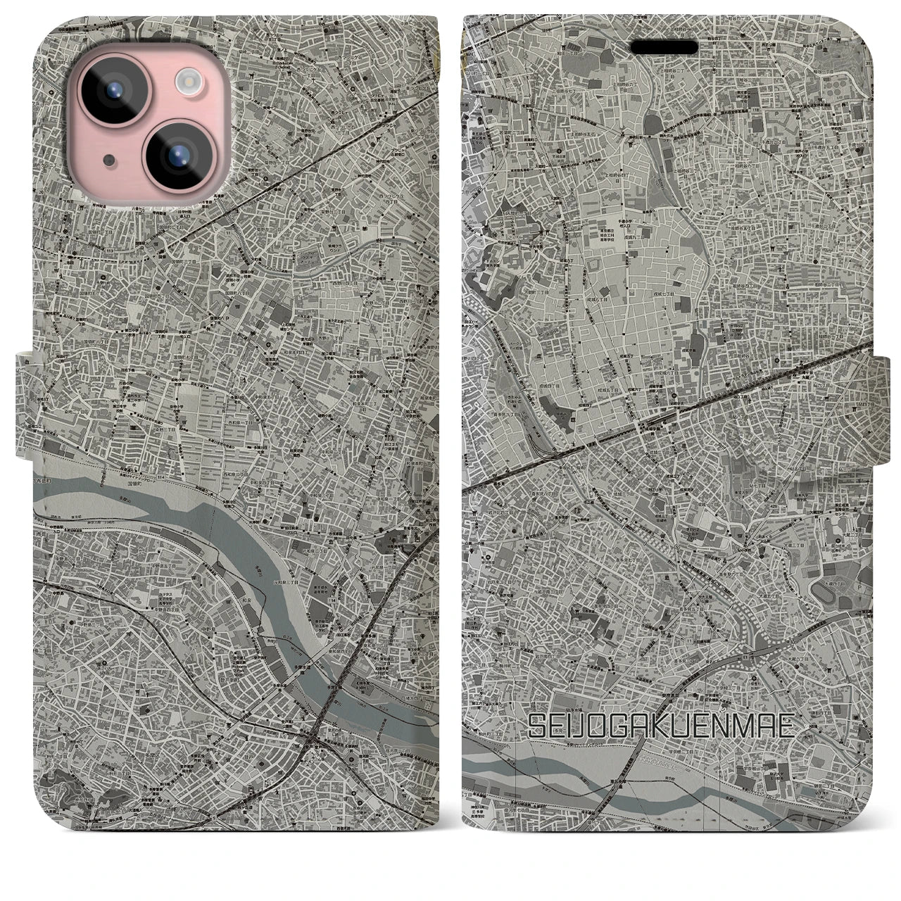 【成城学園前(東京都)】地図柄iPhoneケース(手帳タイプ)モノトーン・iPhone 15 Plus 用