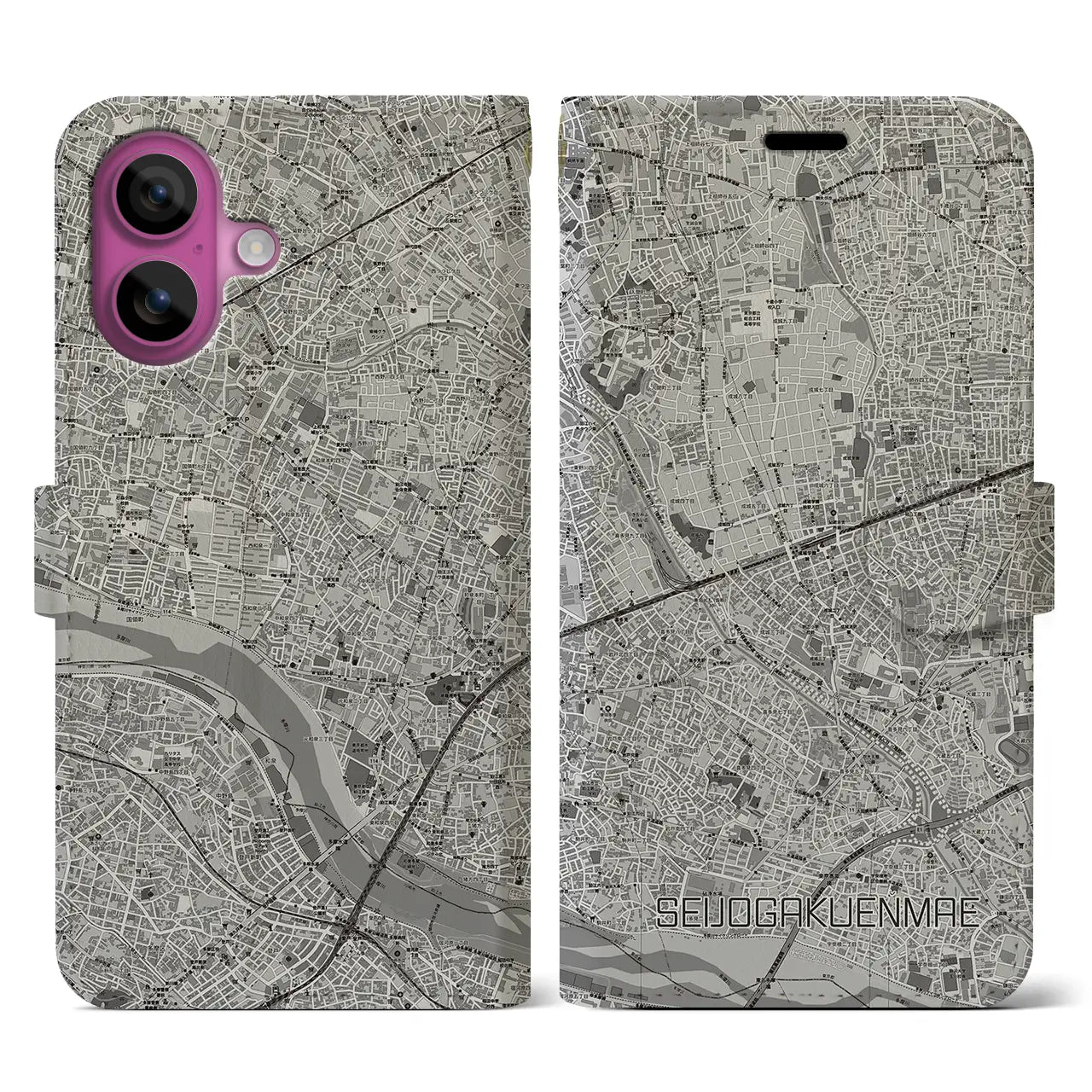 【成城学園前(東京都)】地図柄iPhoneケース(手帳タイプ)モノトーン・iPhone 16 Pro 用