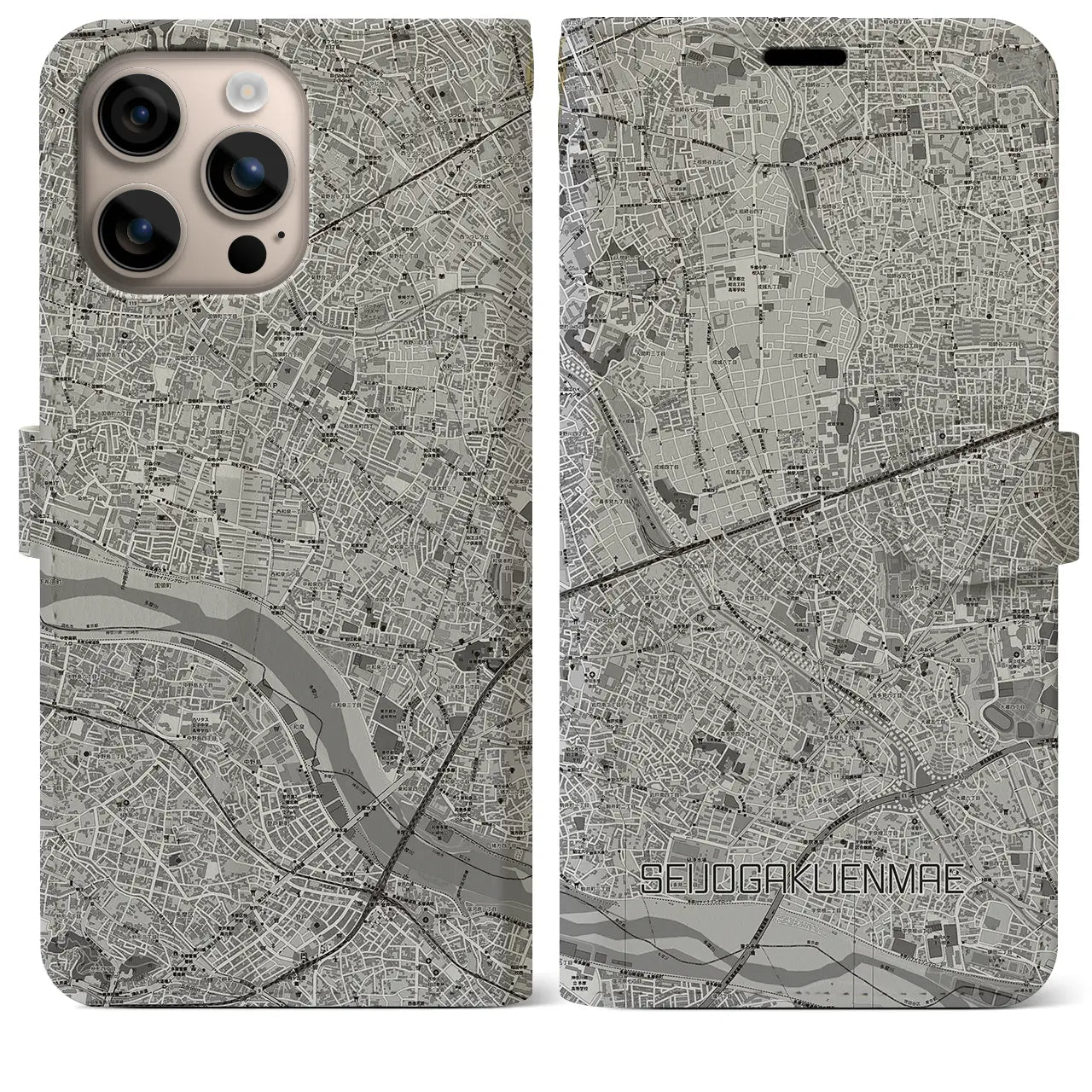 【成城学園前(東京都)】地図柄iPhoneケース(手帳タイプ)モノトーン・iPhone 16 Plus 用