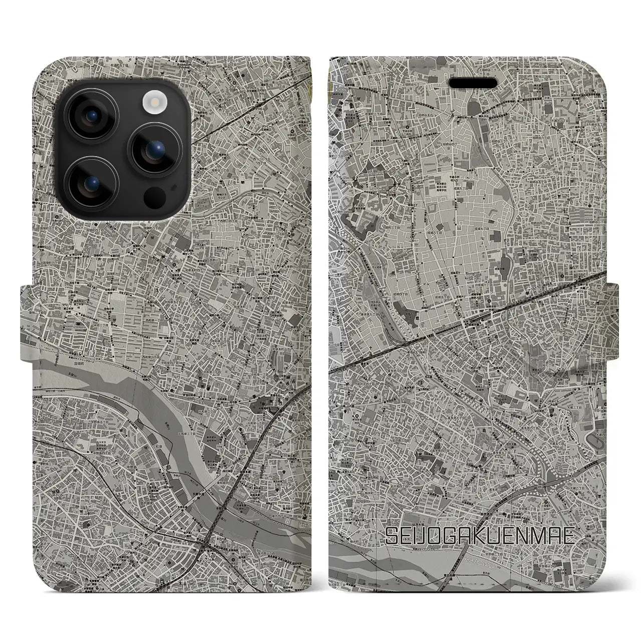 【成城学園前(東京都)】地図柄iPhoneケース(手帳タイプ)モノトーン・iPhone 16 用