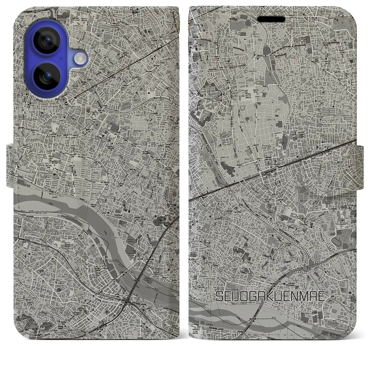 【成城学園前(東京都)】地図柄iPhoneケース(手帳タイプ)モノトーン・iPhone 16 Pro Max 用