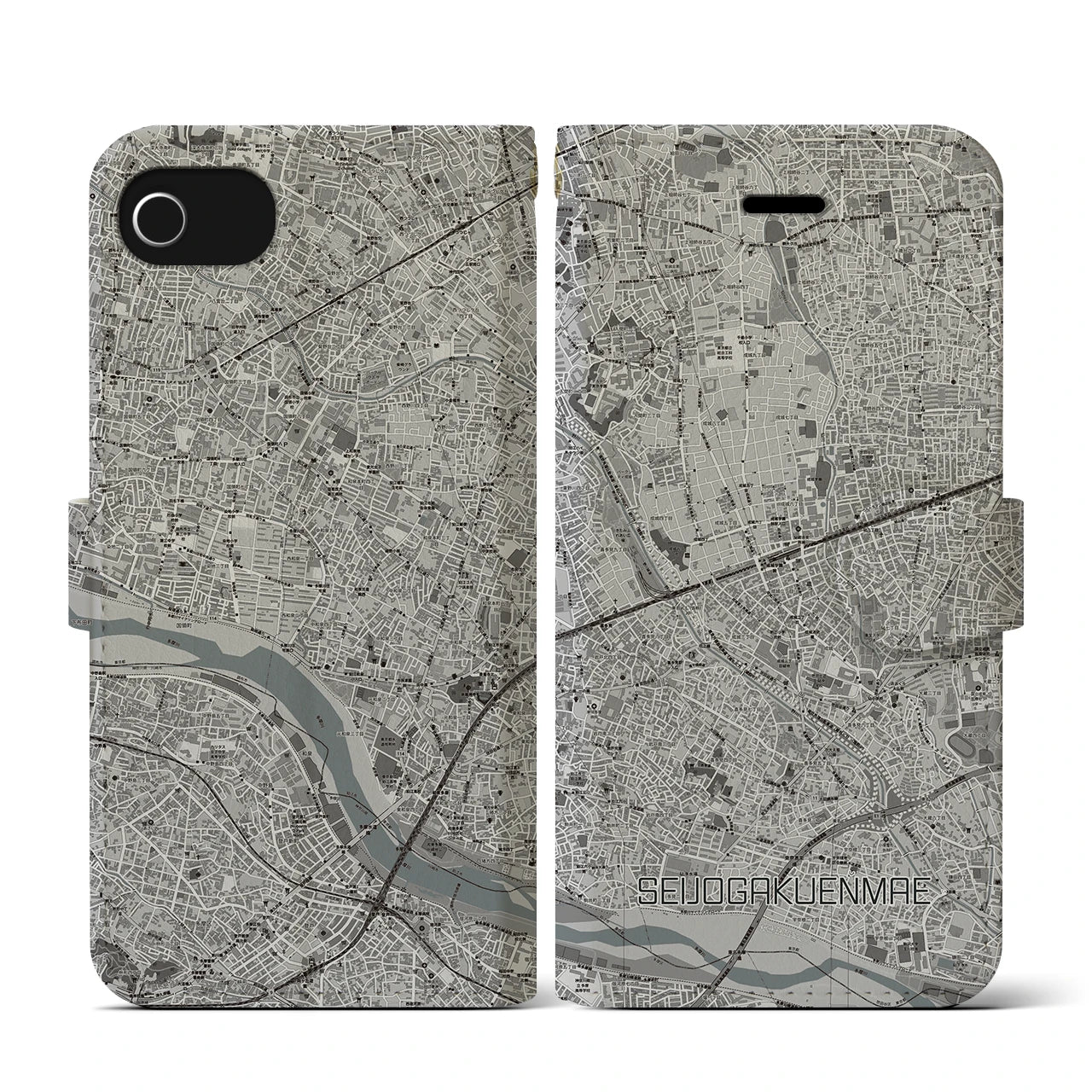【成城学園前(東京都)】地図柄iPhoneケース(手帳タイプ)モノトーン・iPhone SE(第3 / 第2世代) / 8 / 7 / 6s / 6 用
