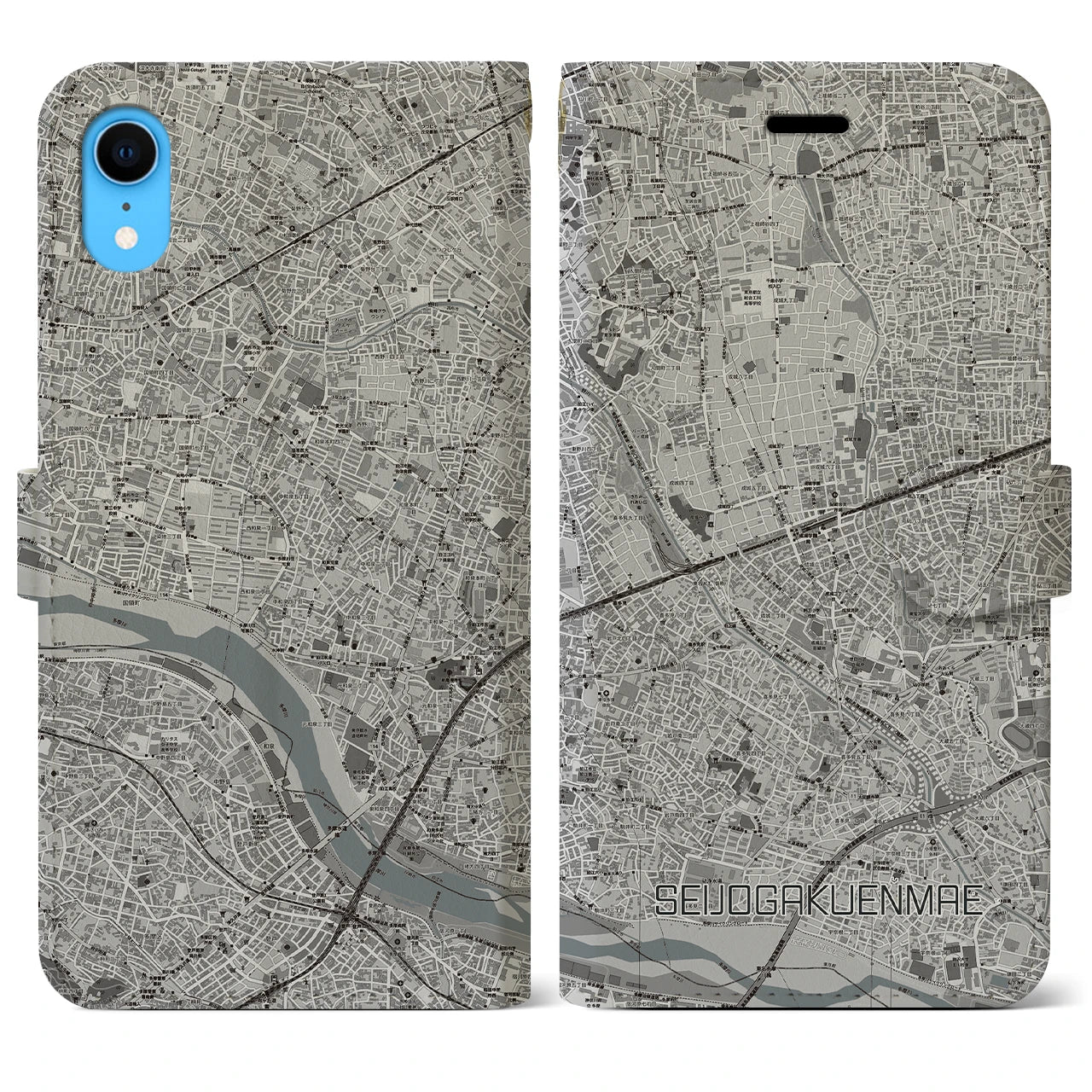 【成城学園前(東京都)】地図柄iPhoneケース(手帳タイプ)モノトーン・iPhone XR 用