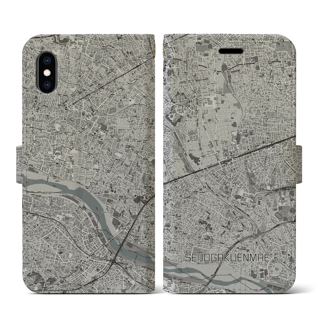 【成城学園前(東京都)】地図柄iPhoneケース(手帳タイプ)モノトーン・iPhone XS / X 用
