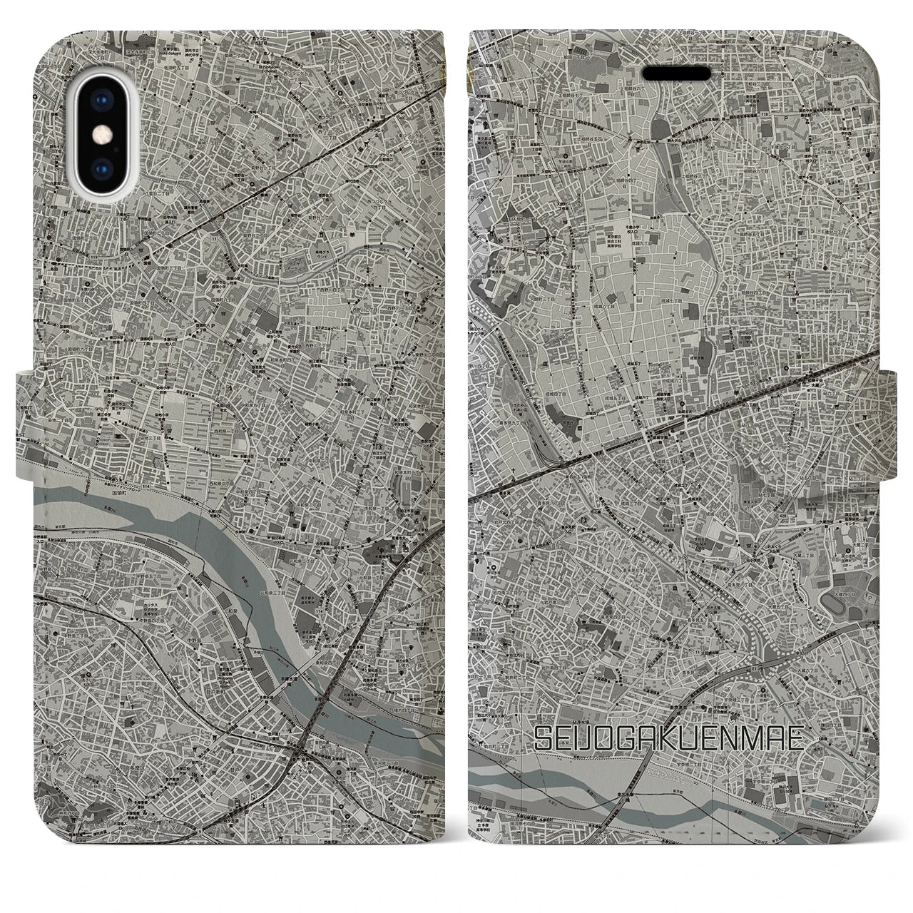 【成城学園前(東京都)】地図柄iPhoneケース(手帳タイプ)モノトーン・iPhone XS Max 用