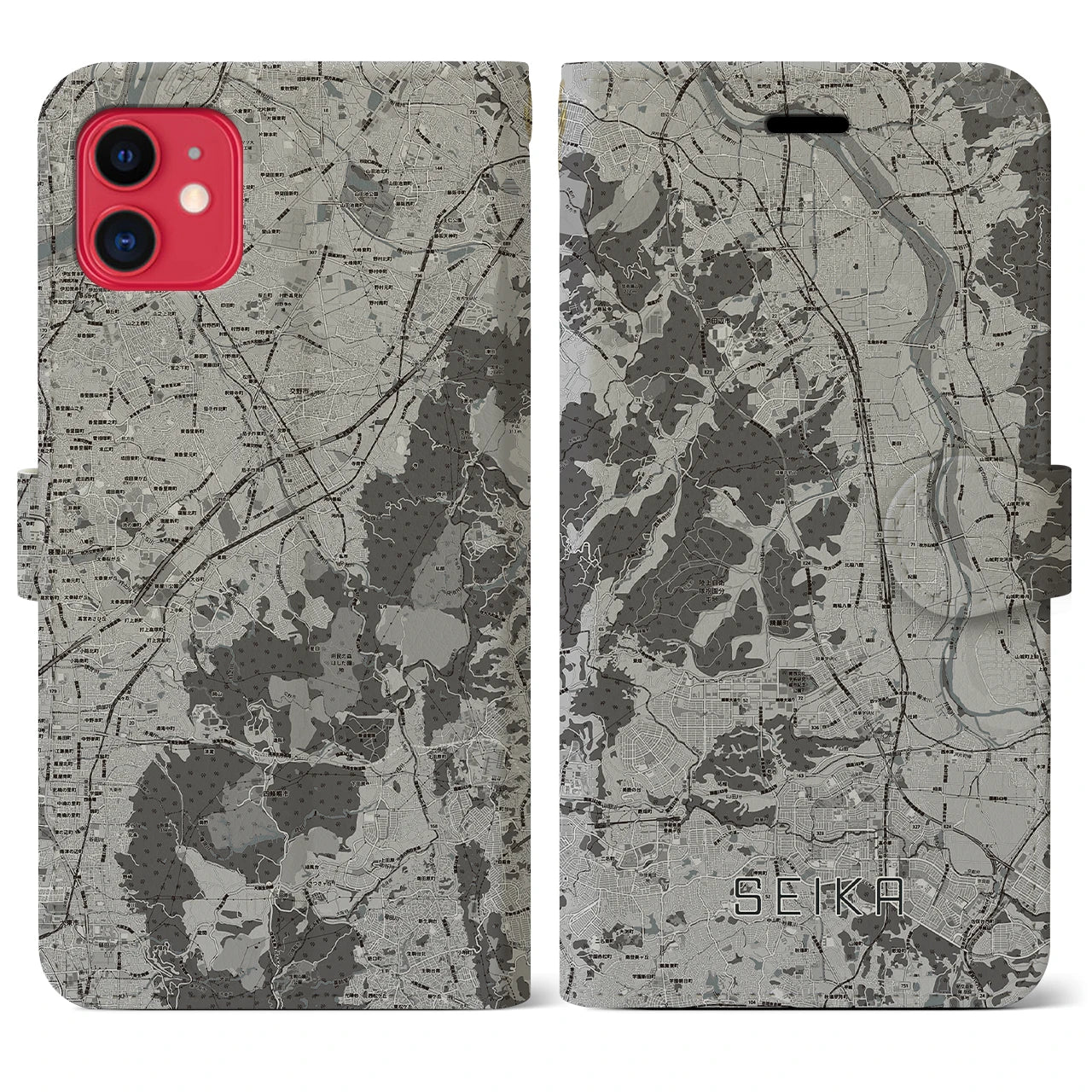 【精華(京都府)】地図柄iPhoneケース(手帳タイプ)モノトーン・iPhone 11 用