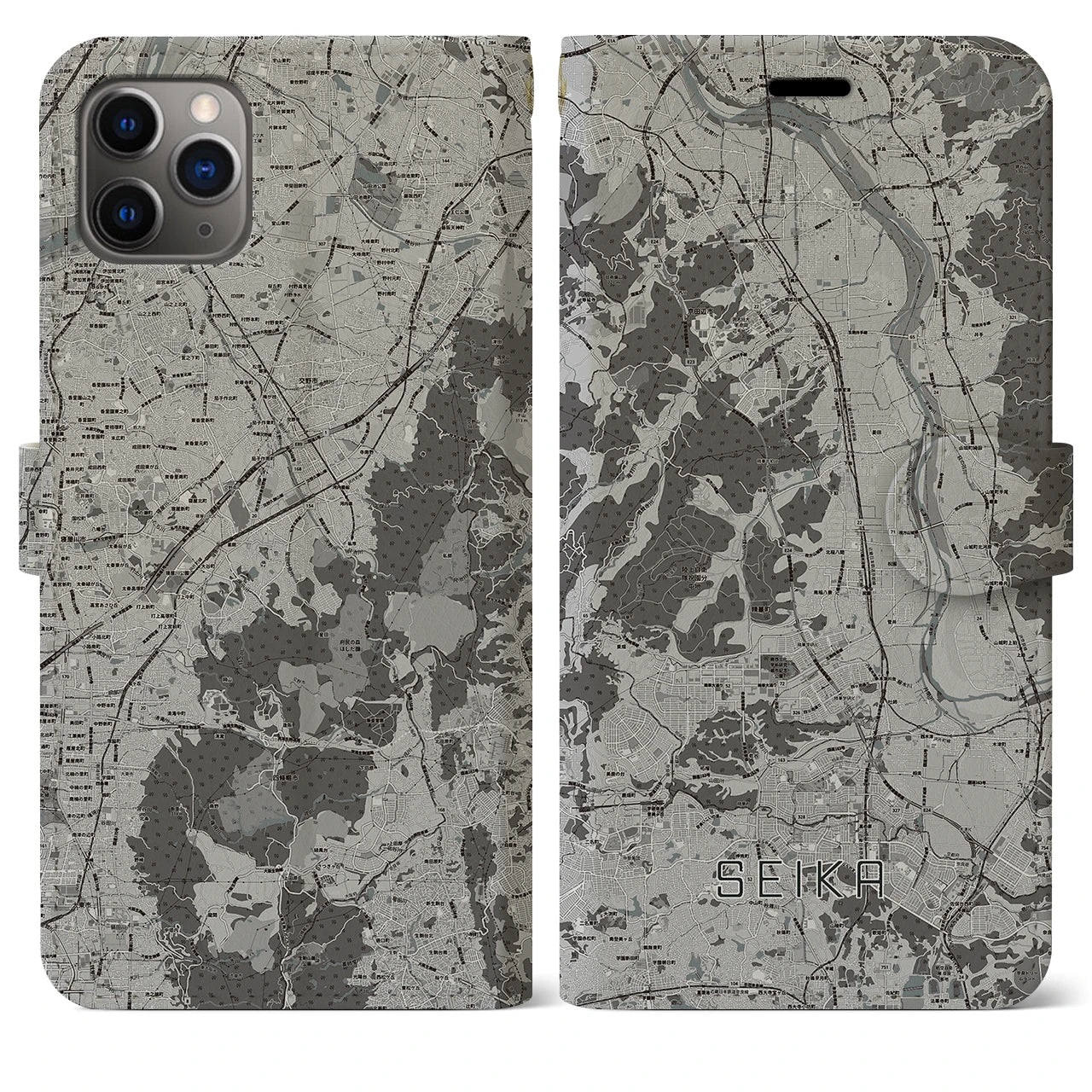 【精華(京都府)】地図柄iPhoneケース(手帳タイプ)モノトーン・iPhone 11 Pro Max 用
