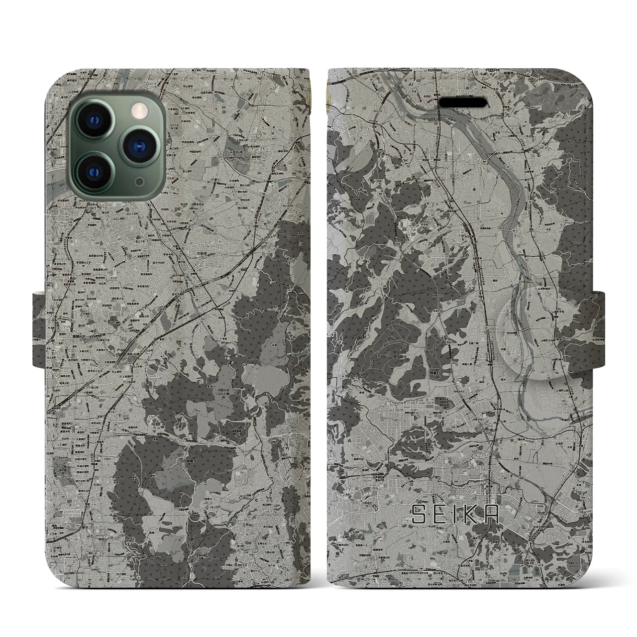 【精華(京都府)】地図柄iPhoneケース(手帳タイプ)モノトーン・iPhone 11 Pro 用