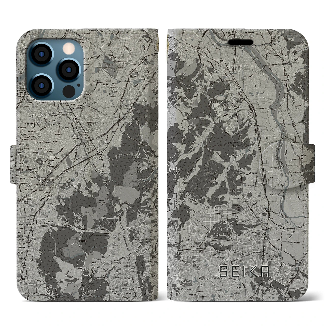【精華(京都府)】地図柄iPhoneケース(手帳タイプ)モノトーン・iPhone 12 / 12 Pro 用