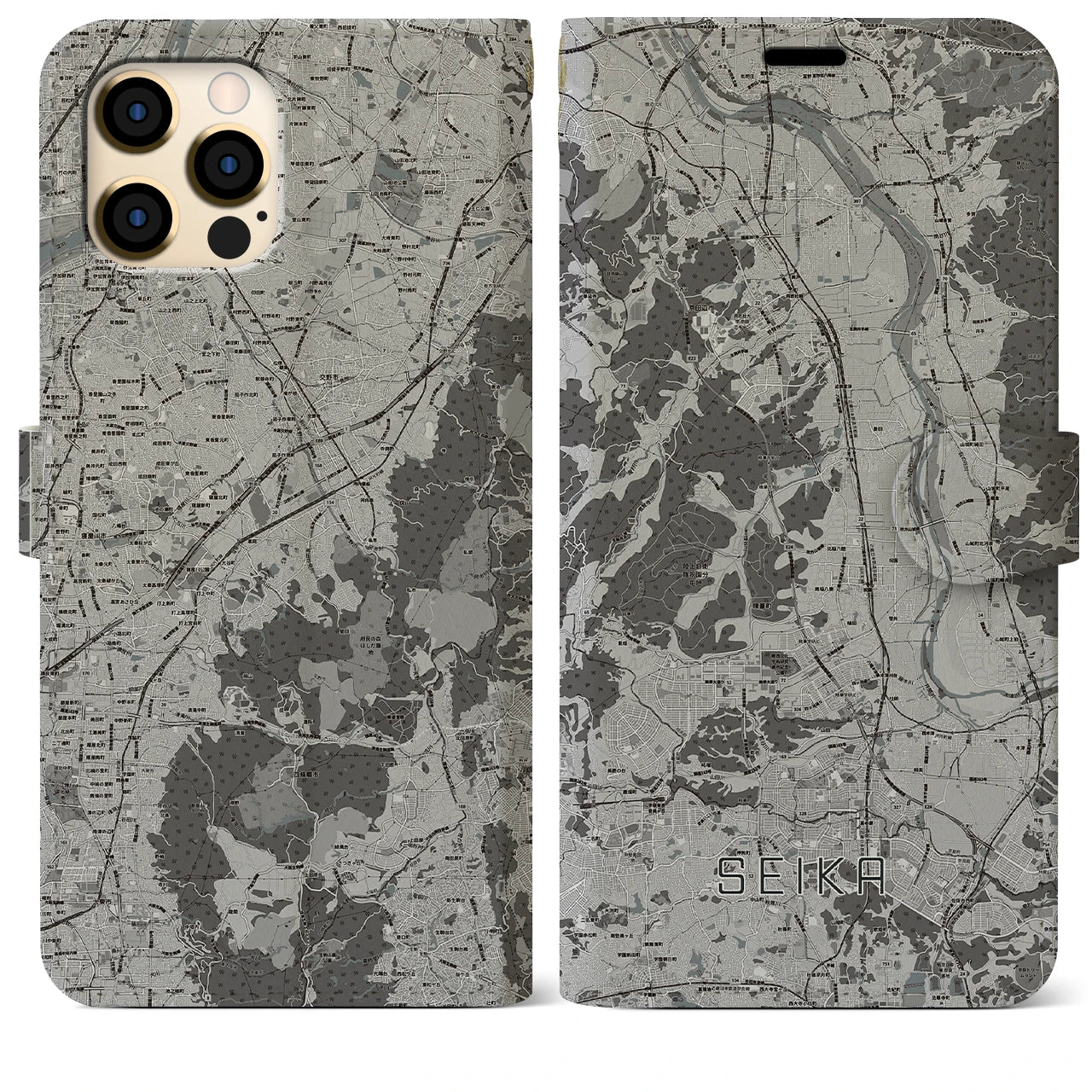 【精華(京都府)】地図柄iPhoneケース(手帳タイプ)モノトーン・iPhone 12 Pro Max 用