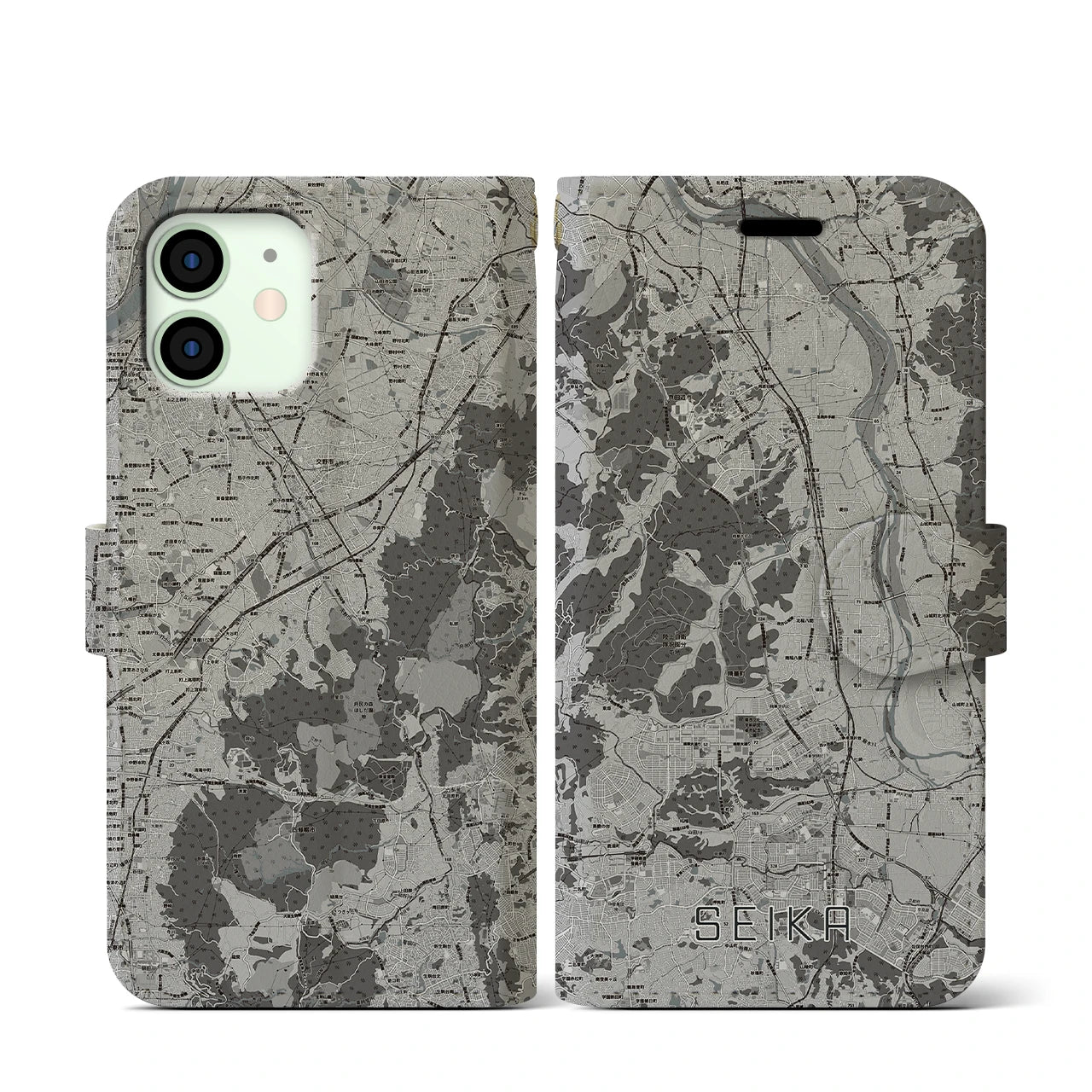 【精華(京都府)】地図柄iPhoneケース(手帳タイプ)モノトーン・iPhone 12 mini 用