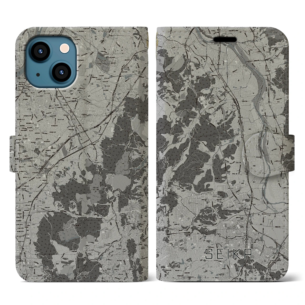 【精華(京都府)】地図柄iPhoneケース(手帳タイプ)モノトーン・iPhone 13 用
