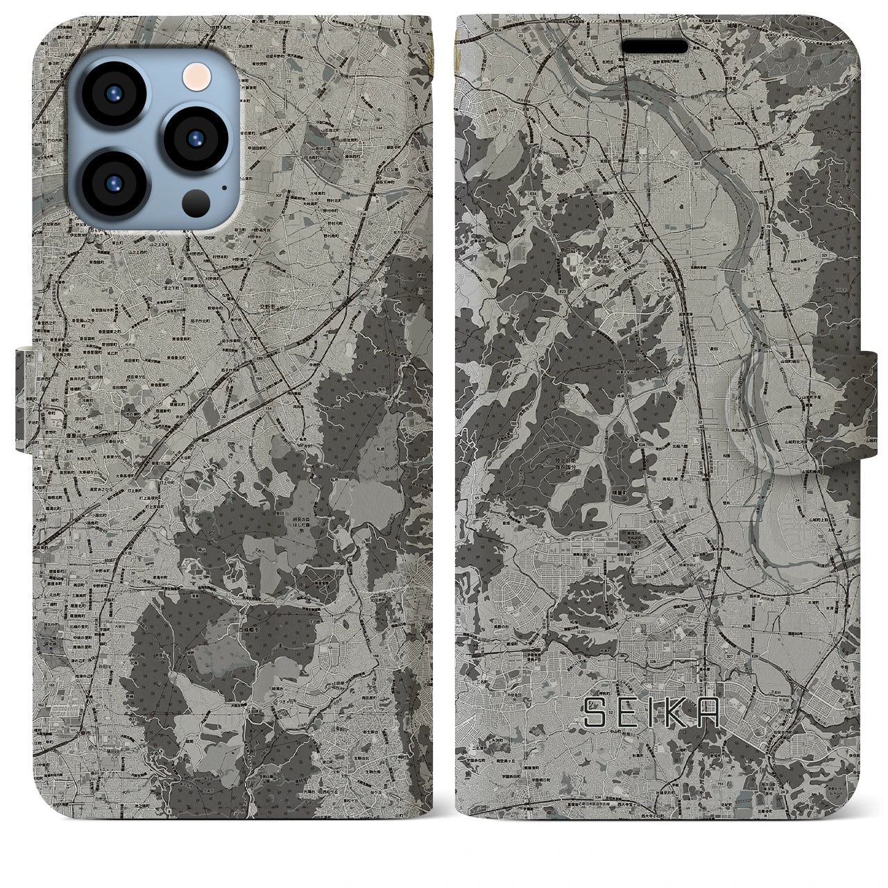 【精華(京都府)】地図柄iPhoneケース(手帳タイプ)モノトーン・iPhone 13 Pro Max 用