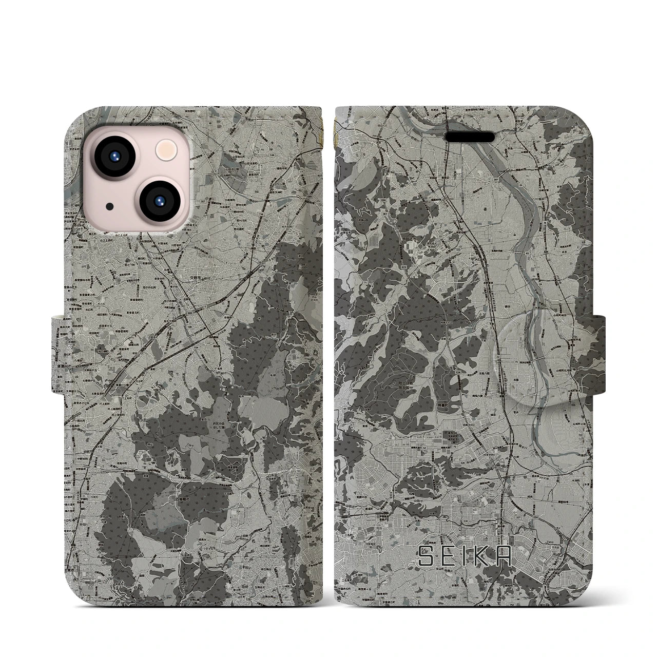 【精華(京都府)】地図柄iPhoneケース(手帳タイプ)モノトーン・iPhone 13 mini 用