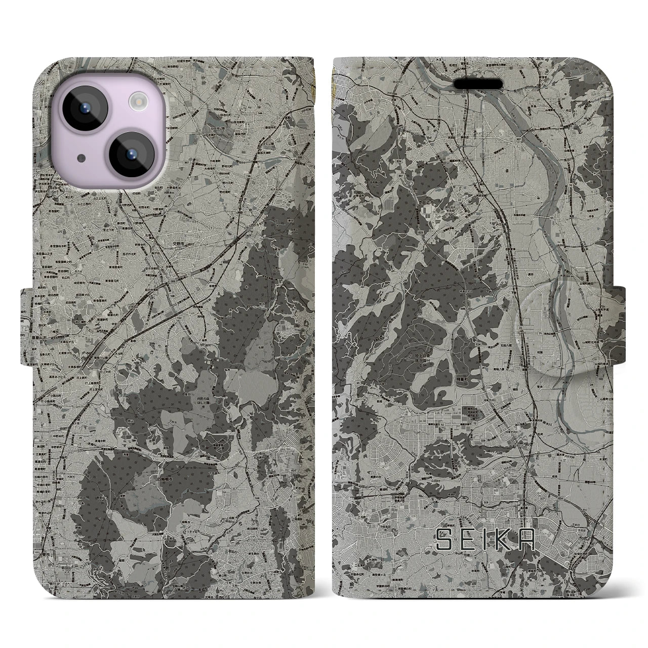 【精華(京都府)】地図柄iPhoneケース(手帳タイプ)モノトーン・iPhone 14 用