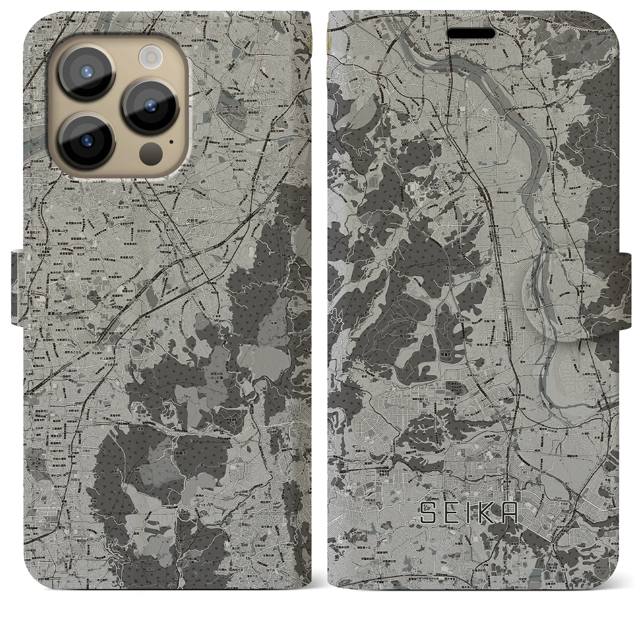 【精華(京都府)】地図柄iPhoneケース(手帳タイプ)モノトーン・iPhone 14 Pro Max 用