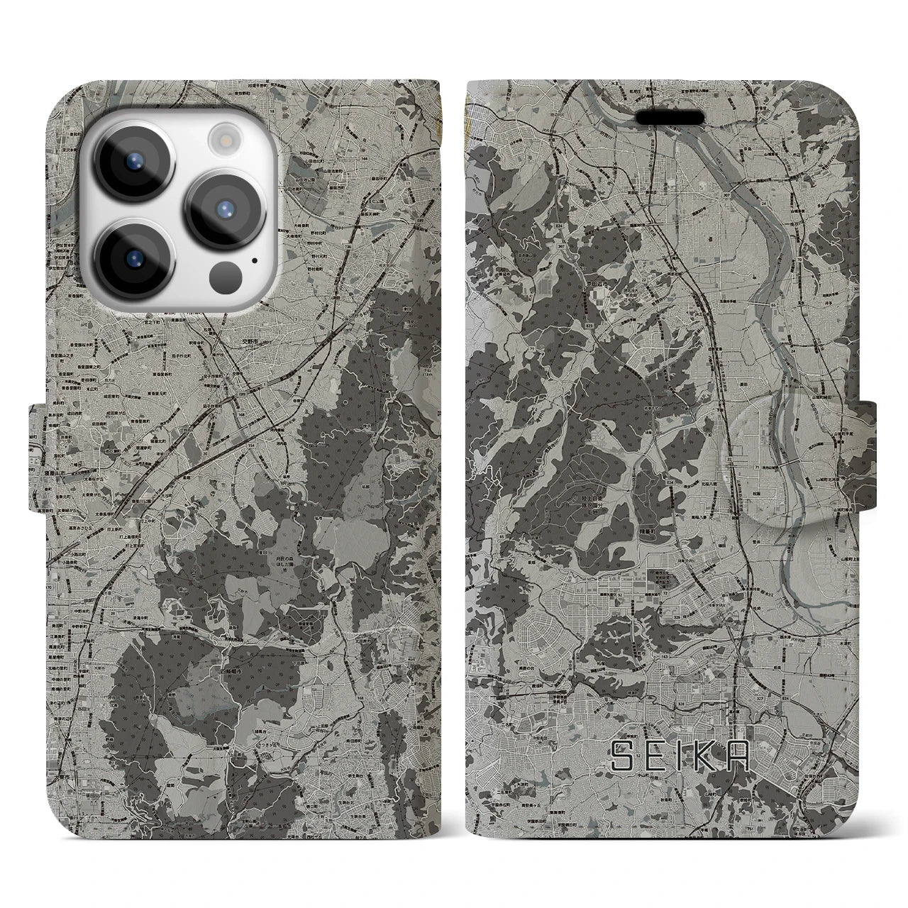 【精華(京都府)】地図柄iPhoneケース(手帳タイプ)モノトーン・iPhone 14 Pro 用