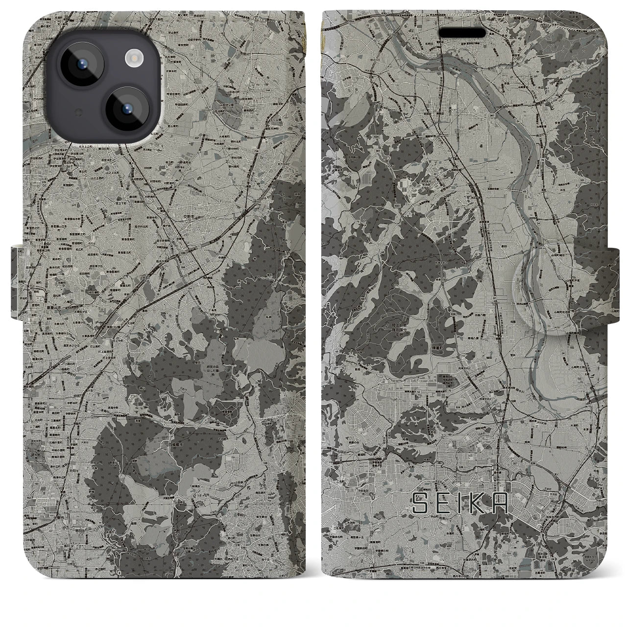 【精華(京都府)】地図柄iPhoneケース(手帳タイプ)モノトーン・iPhone 14 Plus 用