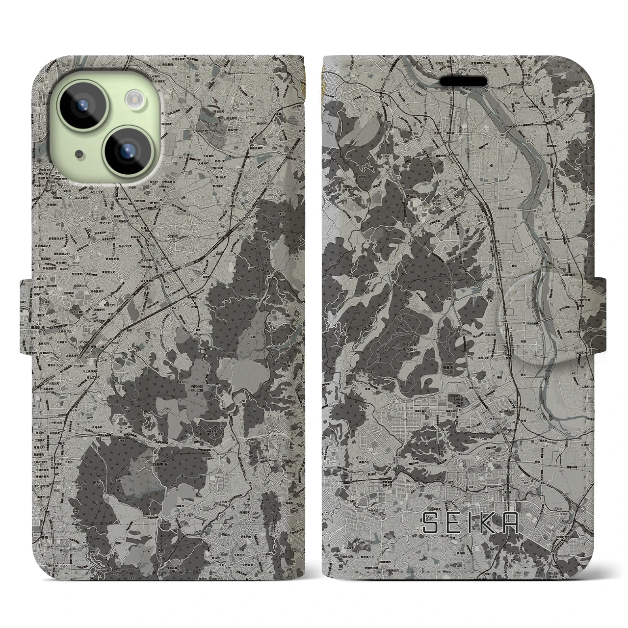 【精華(京都府)】地図柄iPhoneケース(手帳タイプ)モノトーン・iPhone 15 用