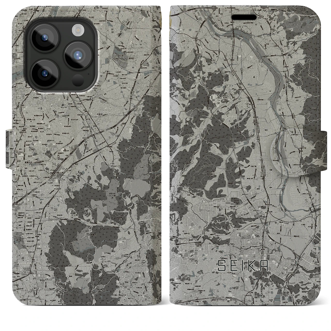 【精華(京都府)】地図柄iPhoneケース(手帳タイプ)モノトーン・iPhone 15 Pro Max 用