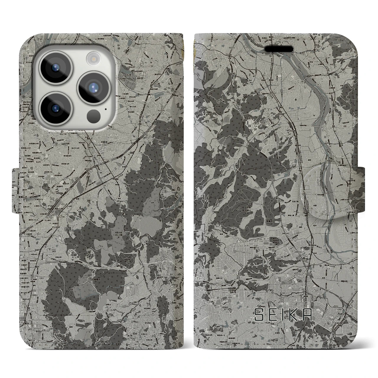 【精華(京都府)】地図柄iPhoneケース(手帳タイプ)モノトーン・iPhone 15 Pro 用