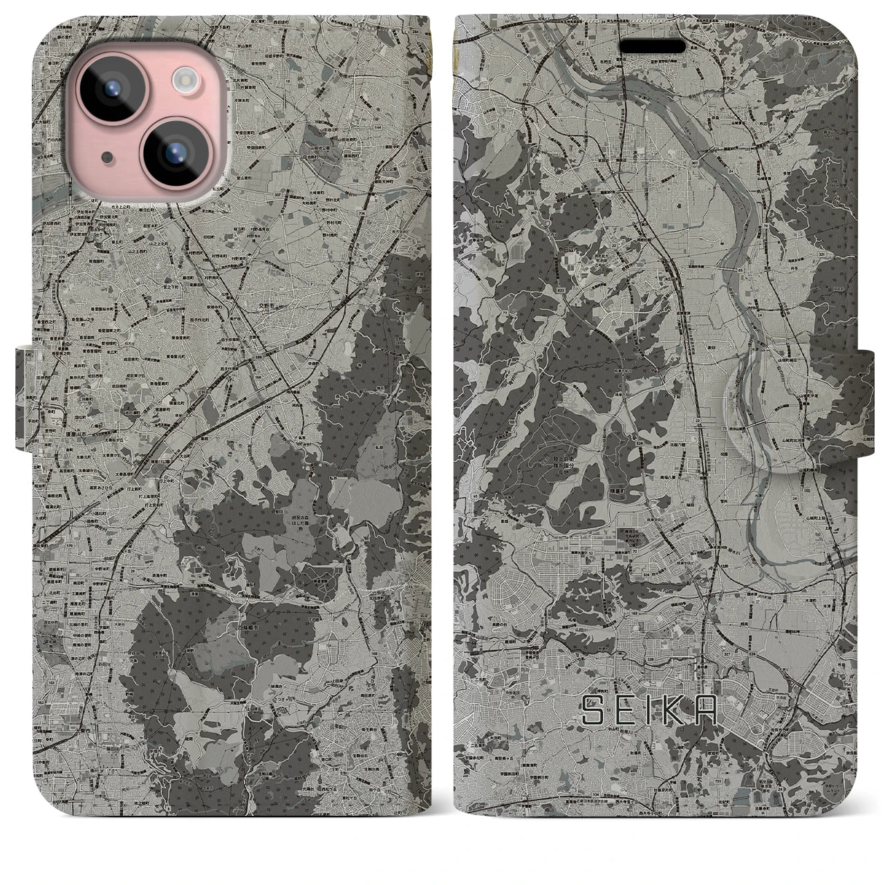 【精華(京都府)】地図柄iPhoneケース(手帳タイプ)モノトーン・iPhone 15 Plus 用