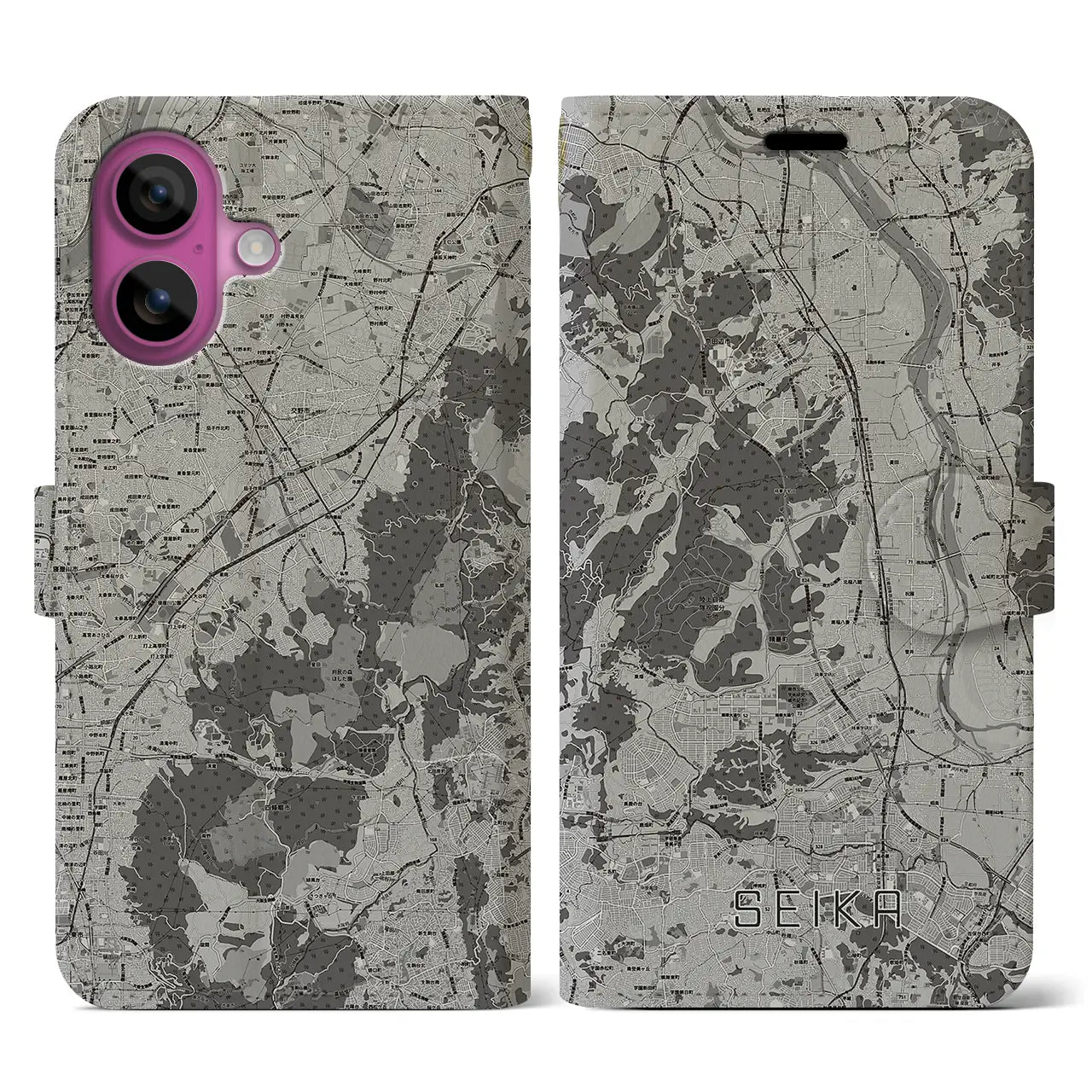 【精華(京都府)】地図柄iPhoneケース(手帳タイプ)モノトーン・iPhone 16 Pro 用