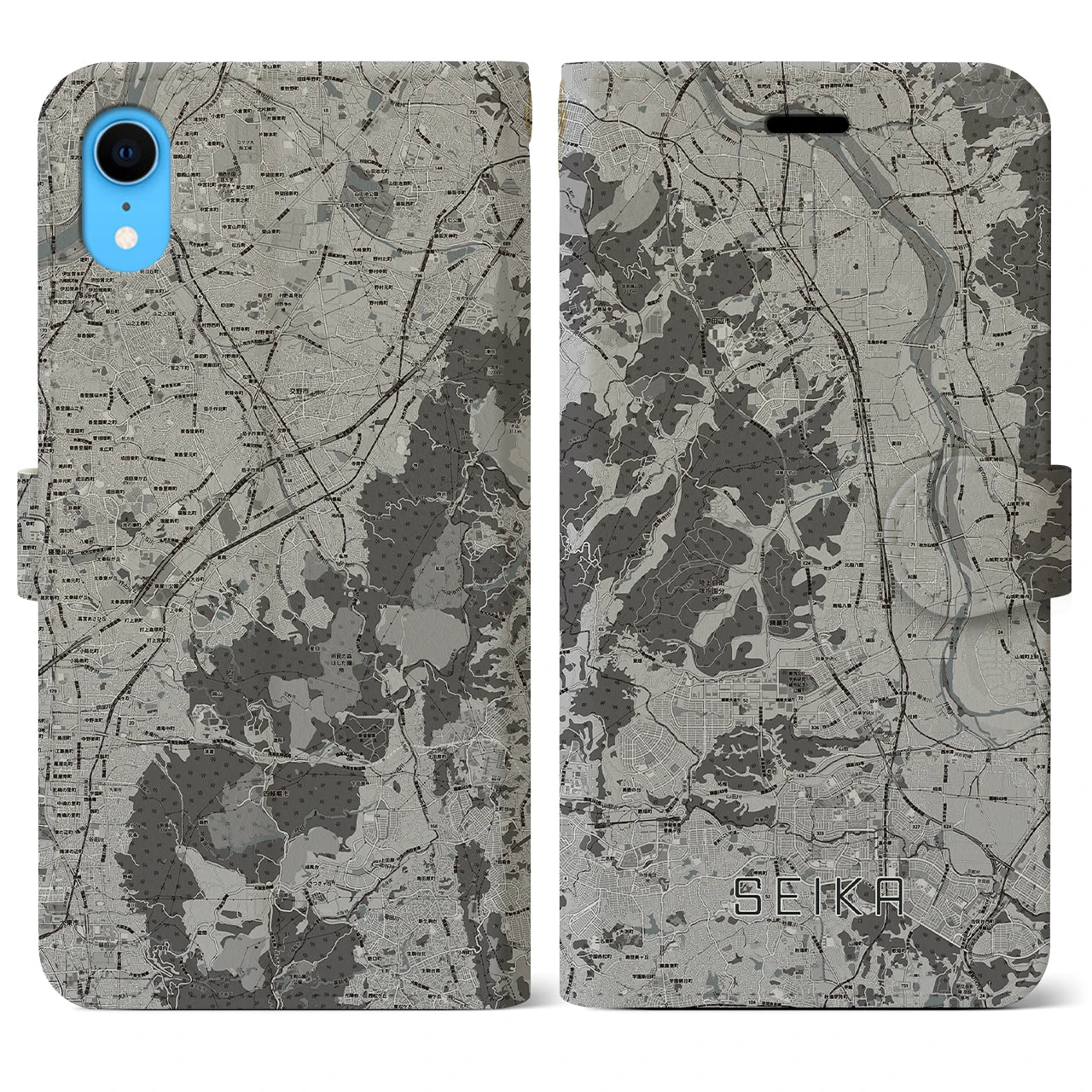 【精華(京都府)】地図柄iPhoneケース(手帳タイプ)モノトーン・iPhone XR 用