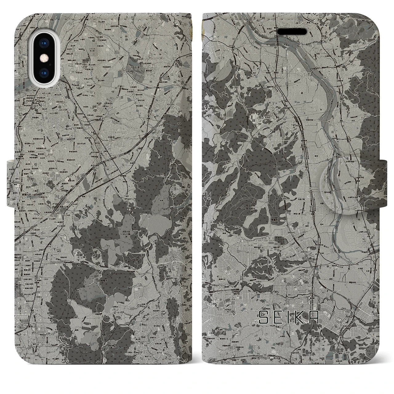 【精華(京都府)】地図柄iPhoneケース(手帳タイプ)モノトーン・iPhone XS Max 用