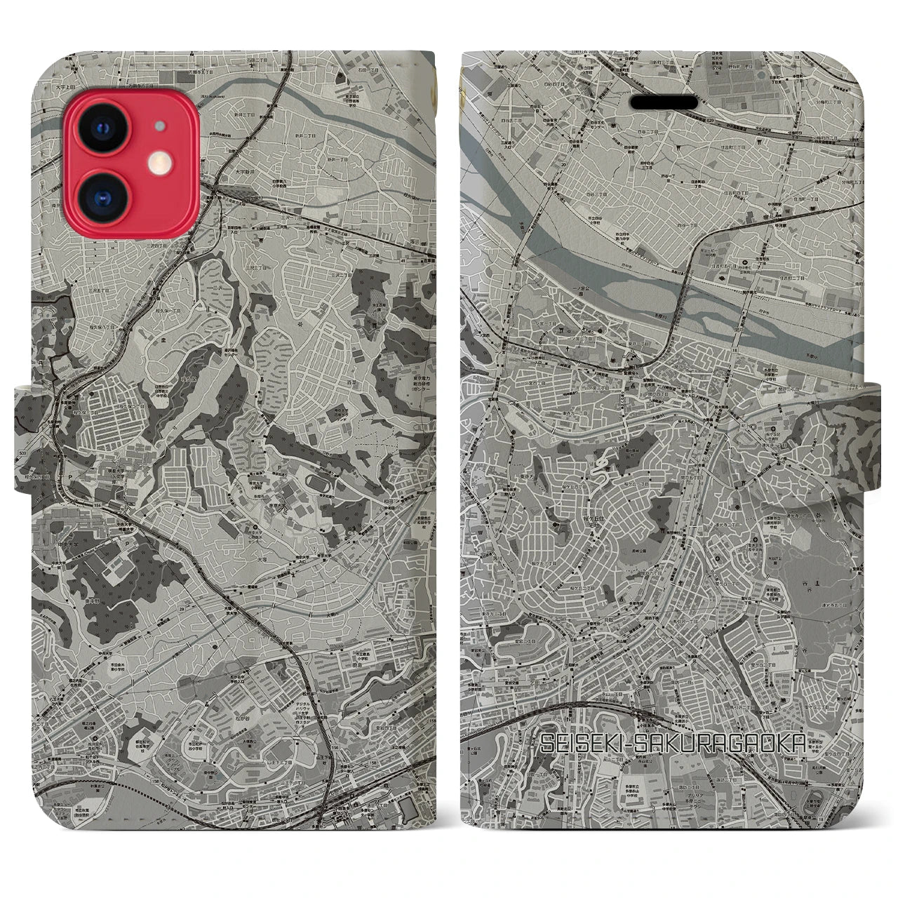 【聖蹟桜ヶ丘(東京都)】地図柄iPhoneケース(手帳タイプ)モノトーン・iPhone 11 用