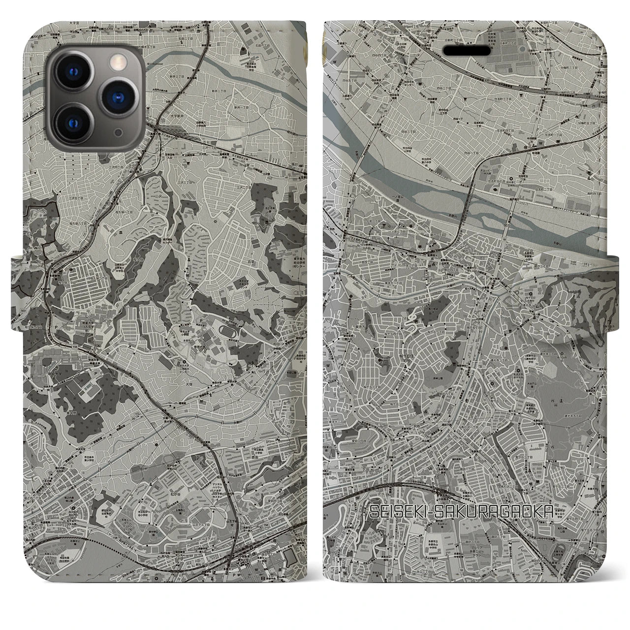 【聖蹟桜ヶ丘(東京都)】地図柄iPhoneケース(手帳タイプ)モノトーン・iPhone 11 Pro Max 用