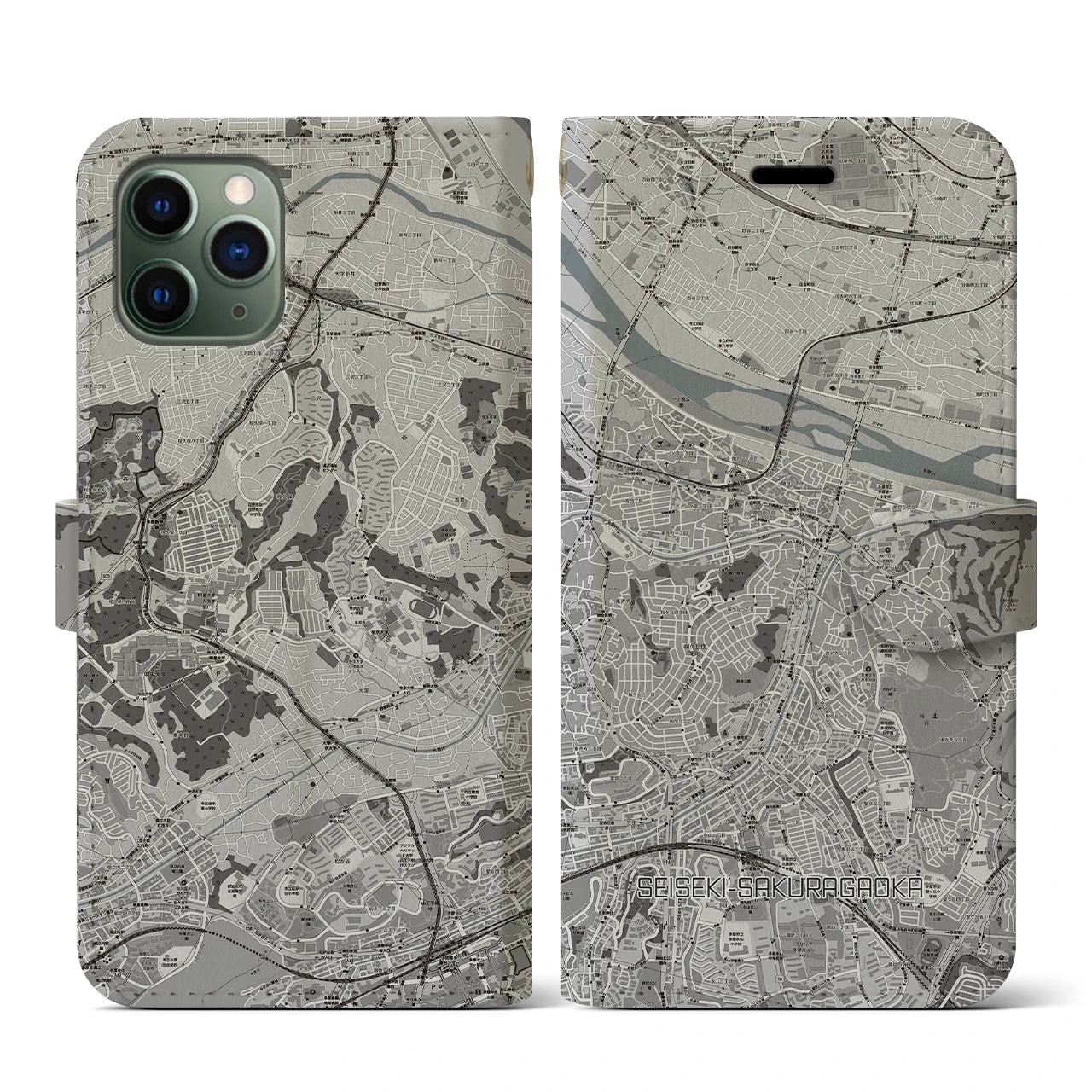 【聖蹟桜ヶ丘(東京都)】地図柄iPhoneケース(手帳タイプ)モノトーン・iPhone 11 Pro 用