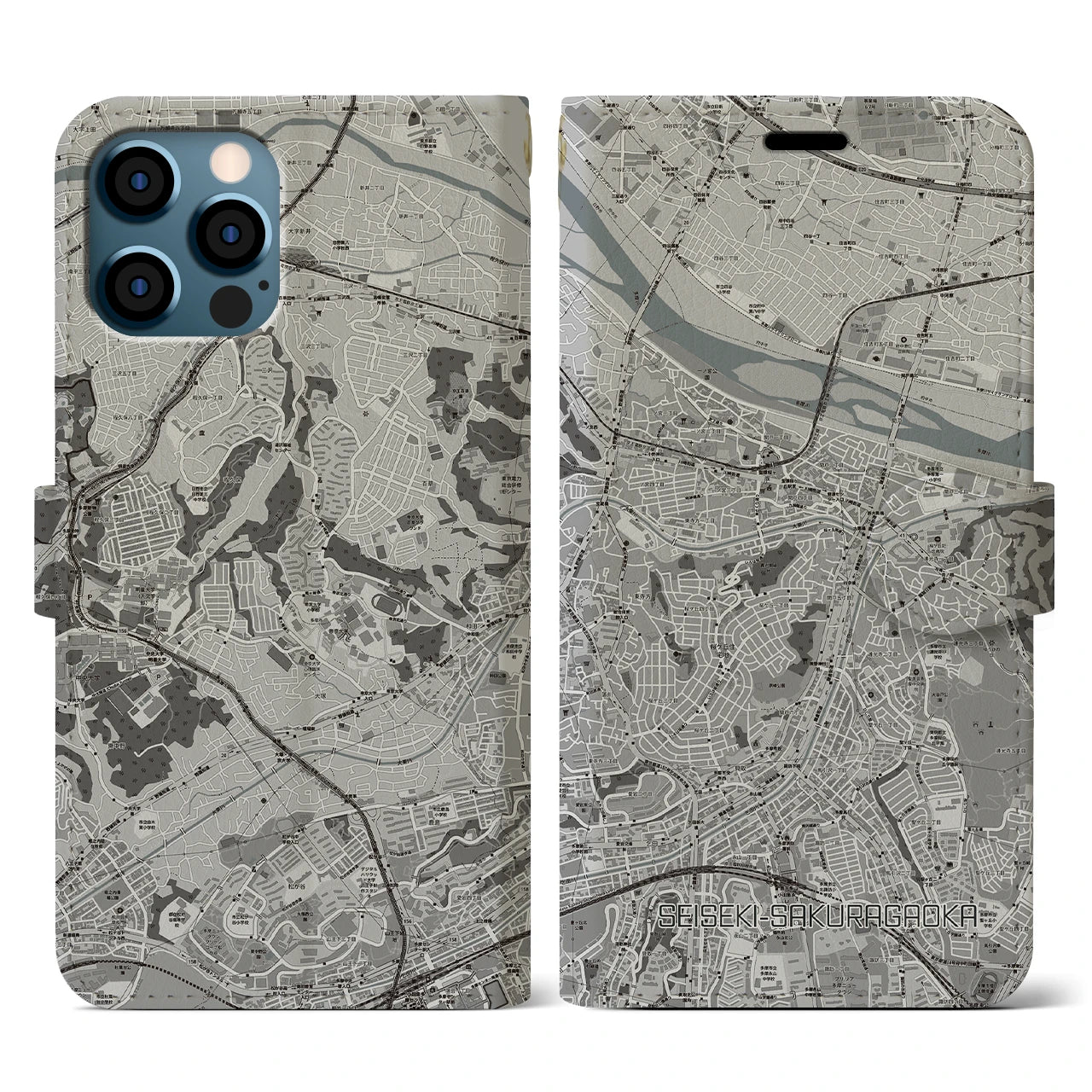 【聖蹟桜ヶ丘(東京都)】地図柄iPhoneケース(手帳タイプ)モノトーン・iPhone 12 / 12 Pro 用