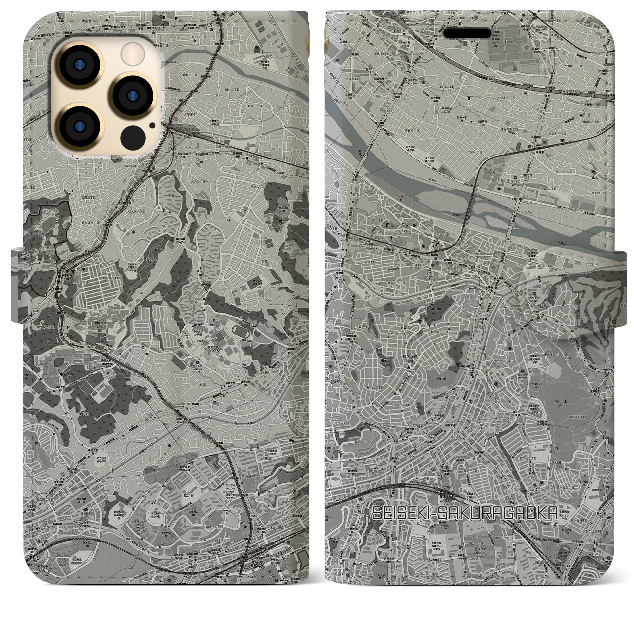 【聖蹟桜ヶ丘(東京都)】地図柄iPhoneケース(手帳タイプ)モノトーン・iPhone 12 Pro Max 用