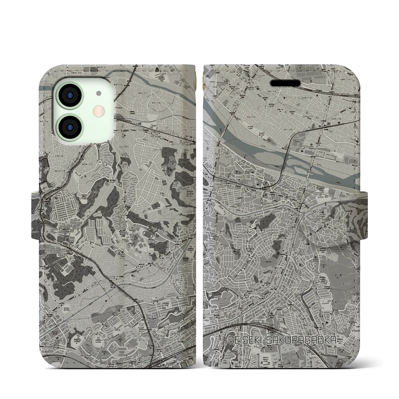 【聖蹟桜ヶ丘(東京都)】地図柄iPhoneケース(手帳タイプ)モノトーン・iPhone 12 mini 用