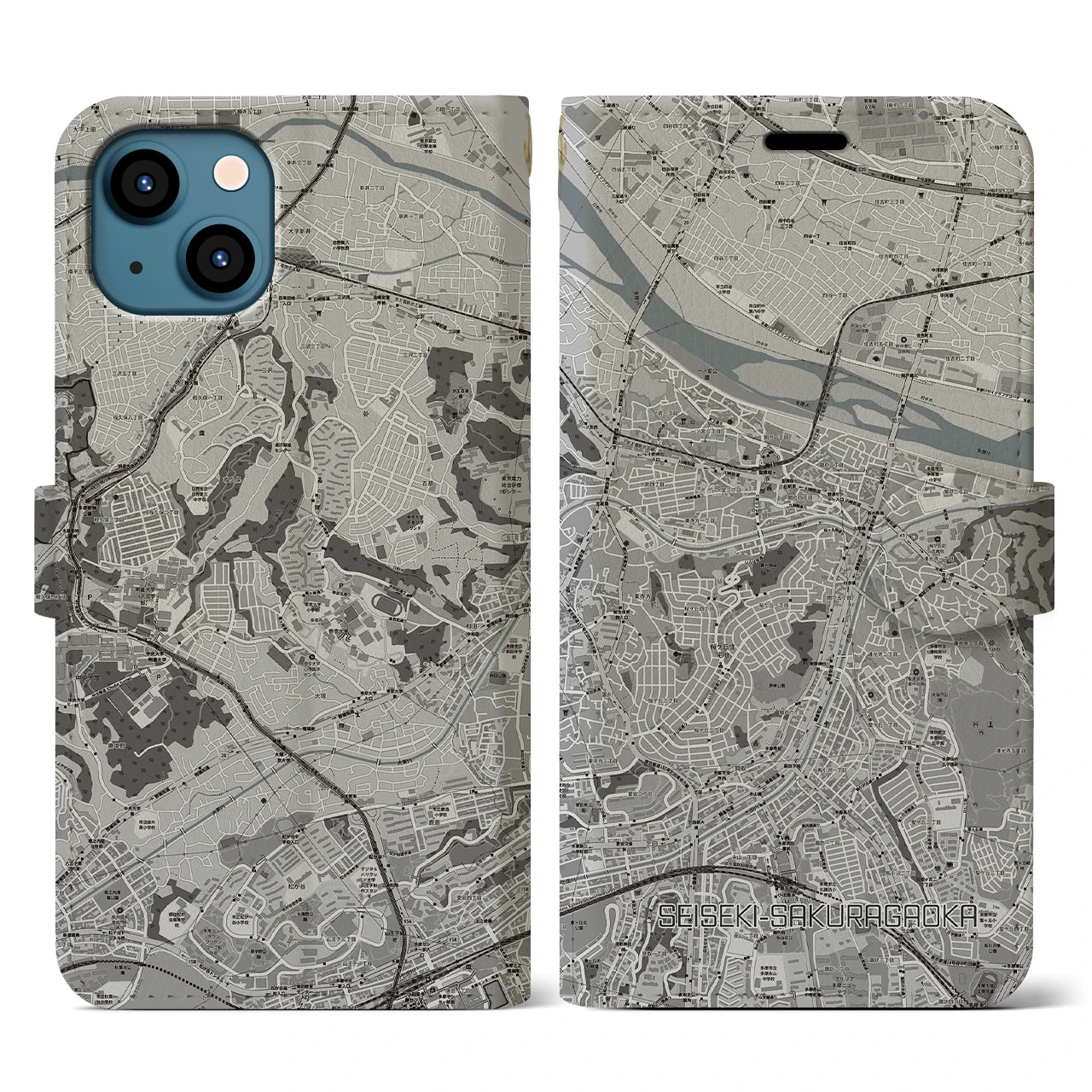 【聖蹟桜ヶ丘(東京都)】地図柄iPhoneケース(手帳タイプ)モノトーン・iPhone 13 用