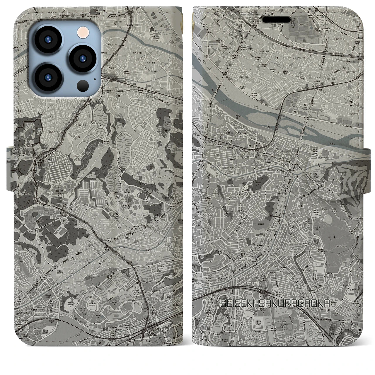 【聖蹟桜ヶ丘(東京都)】地図柄iPhoneケース(手帳タイプ)モノトーン・iPhone 13 Pro Max 用