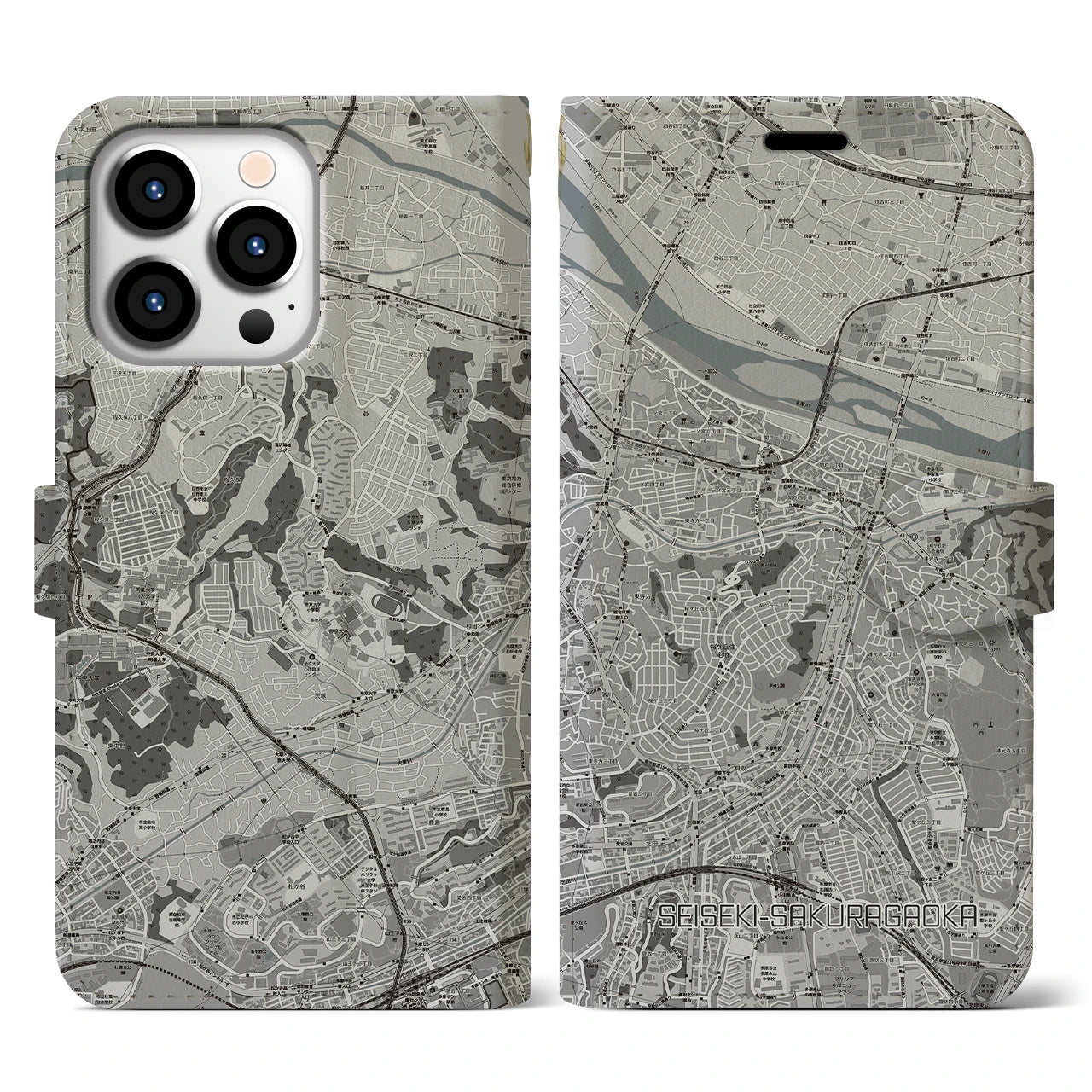 【聖蹟桜ヶ丘(東京都)】地図柄iPhoneケース(手帳タイプ)モノトーン・iPhone 13 Pro 用