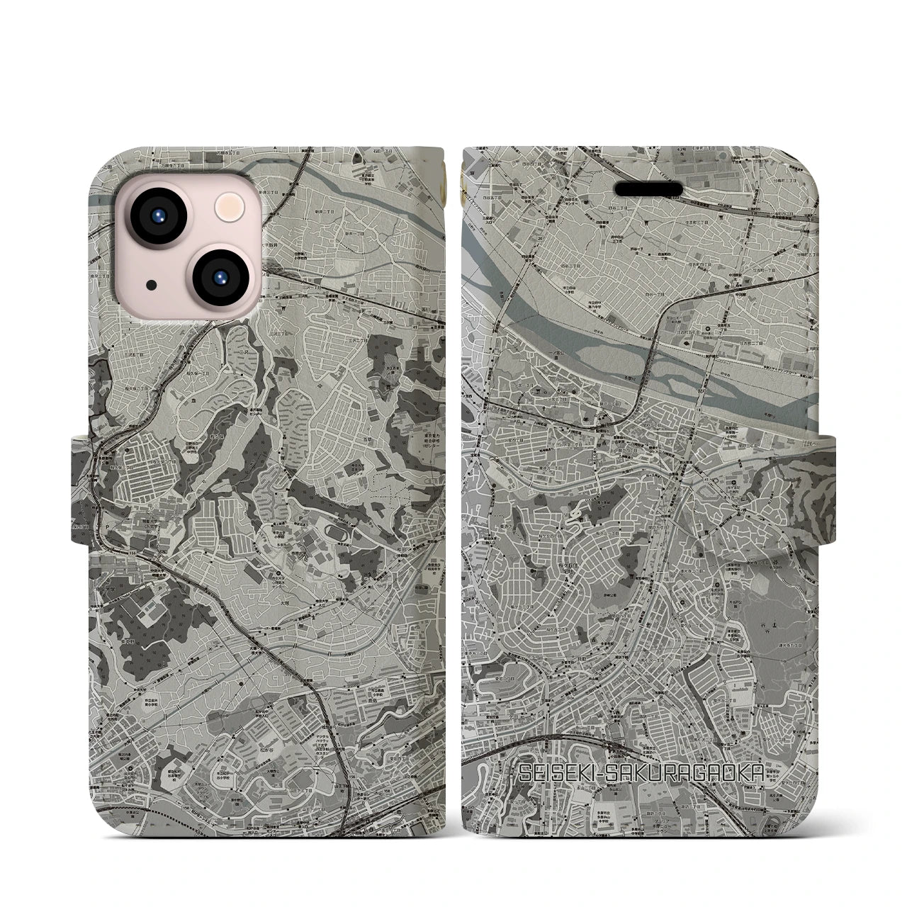 【聖蹟桜ヶ丘(東京都)】地図柄iPhoneケース(手帳タイプ)モノトーン・iPhone 13 mini 用