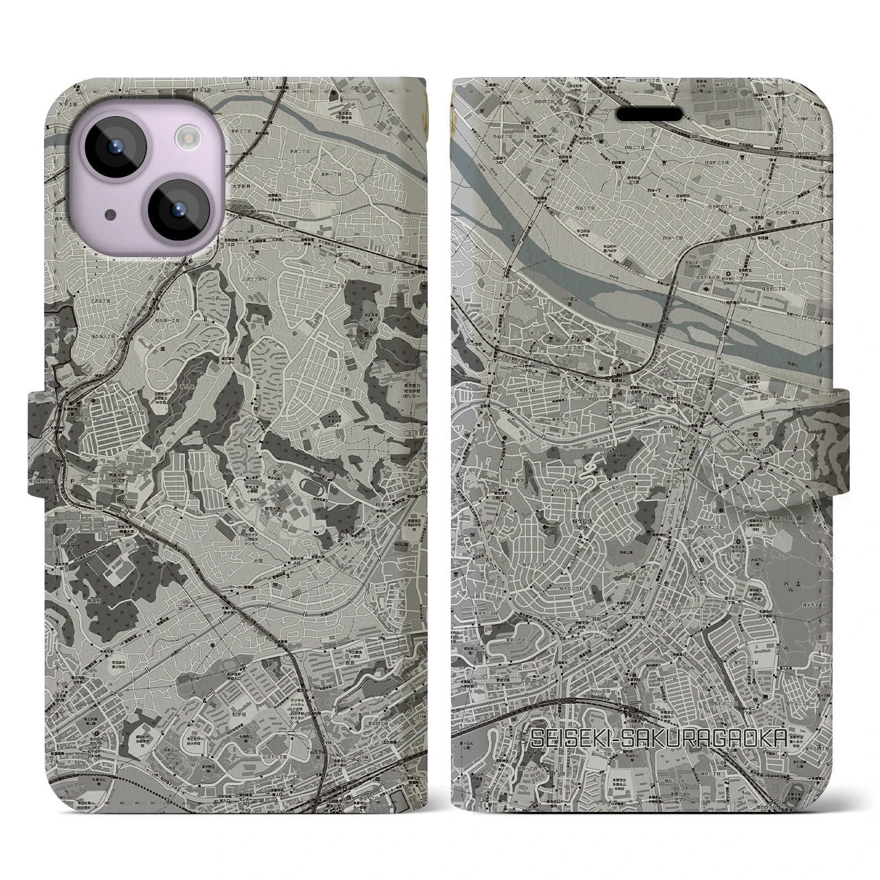 【聖蹟桜ヶ丘(東京都)】地図柄iPhoneケース(手帳タイプ)モノトーン・iPhone 14 用