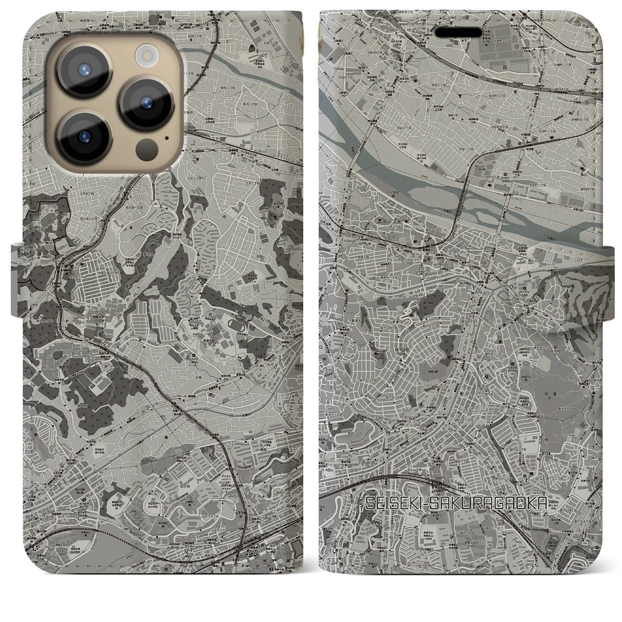 【聖蹟桜ヶ丘(東京都)】地図柄iPhoneケース(手帳タイプ)モノトーン・iPhone 14 Pro Max 用