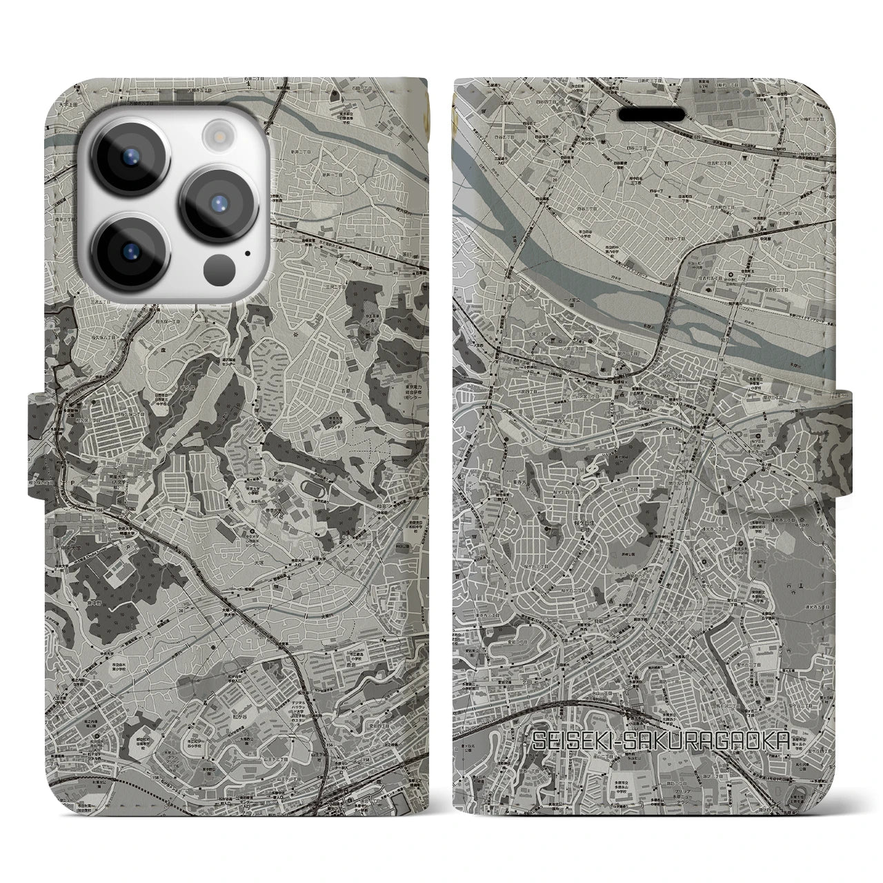 【聖蹟桜ヶ丘(東京都)】地図柄iPhoneケース(手帳タイプ)モノトーン・iPhone 14 Pro 用