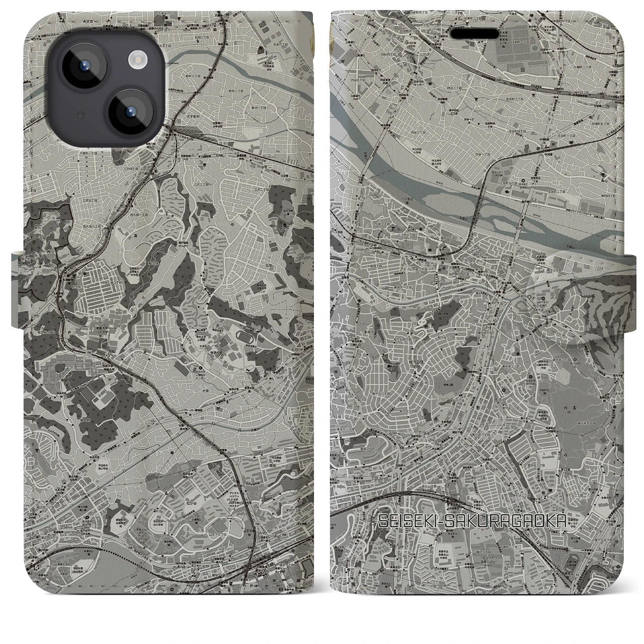 【聖蹟桜ヶ丘(東京都)】地図柄iPhoneケース(手帳タイプ)モノトーン・iPhone 14 Plus 用